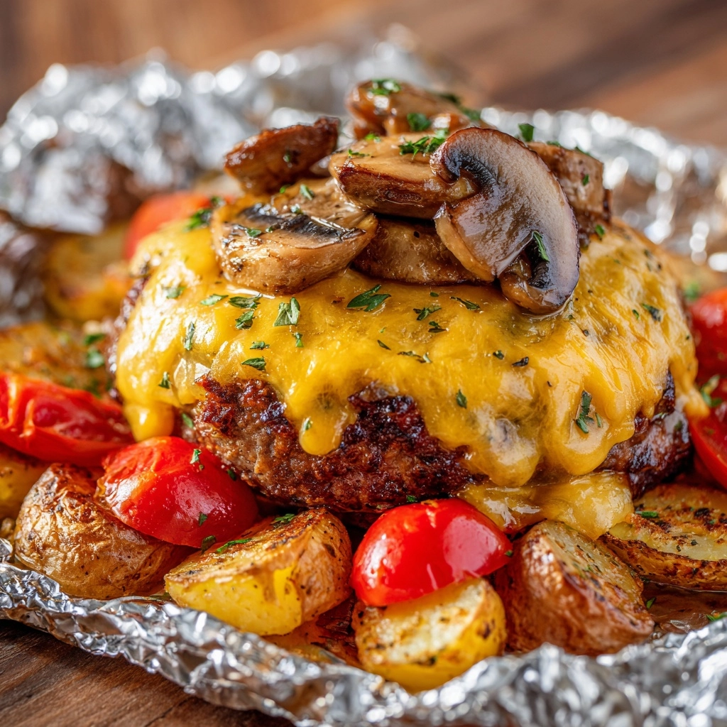 Mushroom and Swiss Burger Foil Packets Recipe - Recipe Image