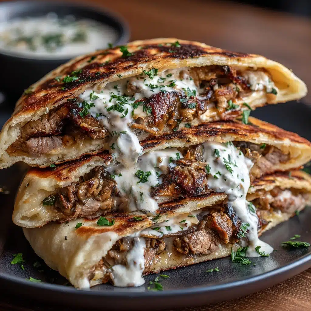 Cheesy Beef and Mushroom Pita Pockets with Tzatziki Sauce Recipe - Recipe Image