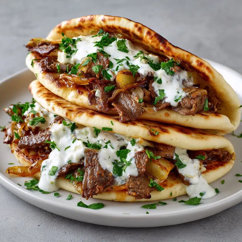Cheesy Beef and Mushroom Pita Pockets with Tzatziki Sauce Recipe - Recipe Image