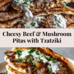 Cheesy Beef and Mushroom Pita Pockets with Tzatziki Sauce Recipe