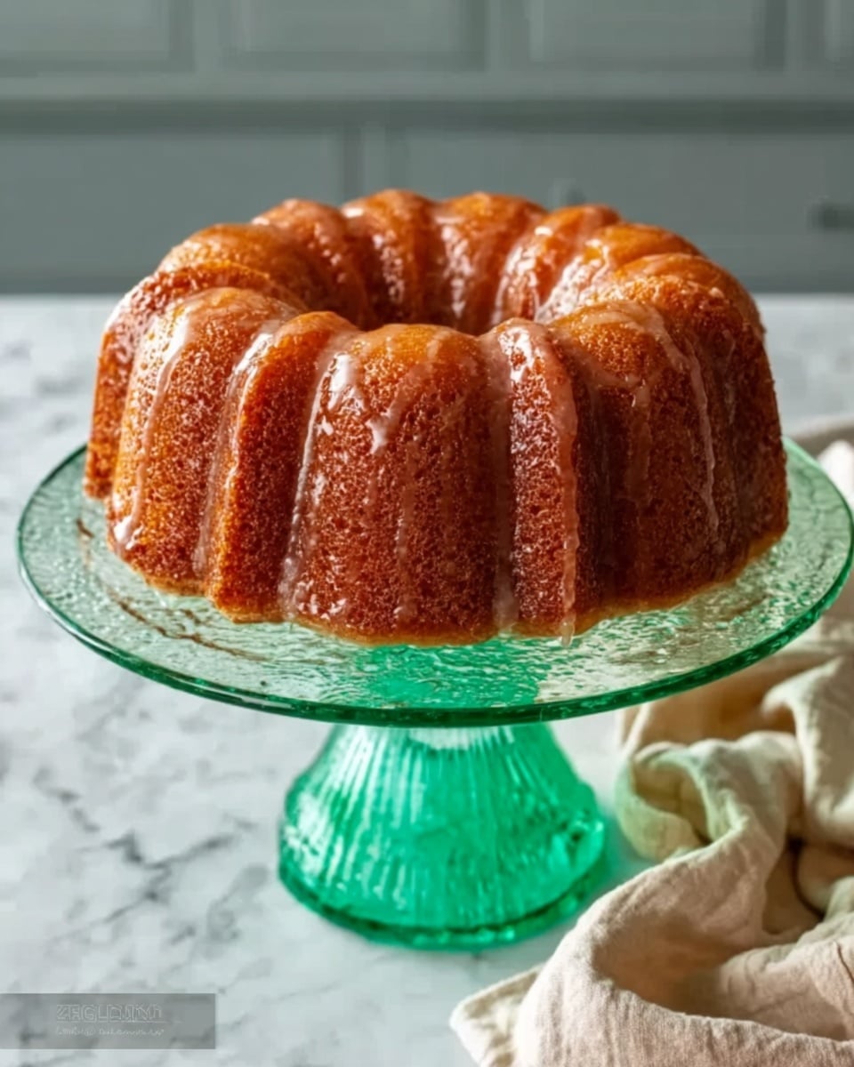 A golden-brown bundt cake with a textured surface showing swirls and ridges from the bundt pan, sitting on a white plate with a clear green glass pedestal stand. The cake looks moist with a slightly crisp crust, and small darker spots indicate raisins or nuts inside. The background is a white marbled texture with a soft brown cloth draped casually behind the stand. Photo taken with an iphone --ar 4:5 --v 7