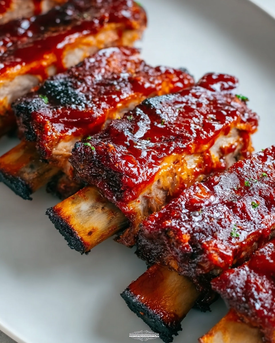 The image shows a close-up of six ribs lined side by side on a white plate, which rests on a white marbled surface. Each rib has a rich, glazed red sauce coating that looks sticky and caramelized, with parts showing a charred dark brown texture, especially near the edges and along the bone ends. The ribs have a visible layering of thick sauce on top, tender meat underneath, and the exposed bones at the bottom that are slightly blackened. The overall look is juicy and well-cooked, with a mix of shiny, glossy sauce and crispy, burnt spots. Photo taken with an iphone --ar 4:5 --v 7
