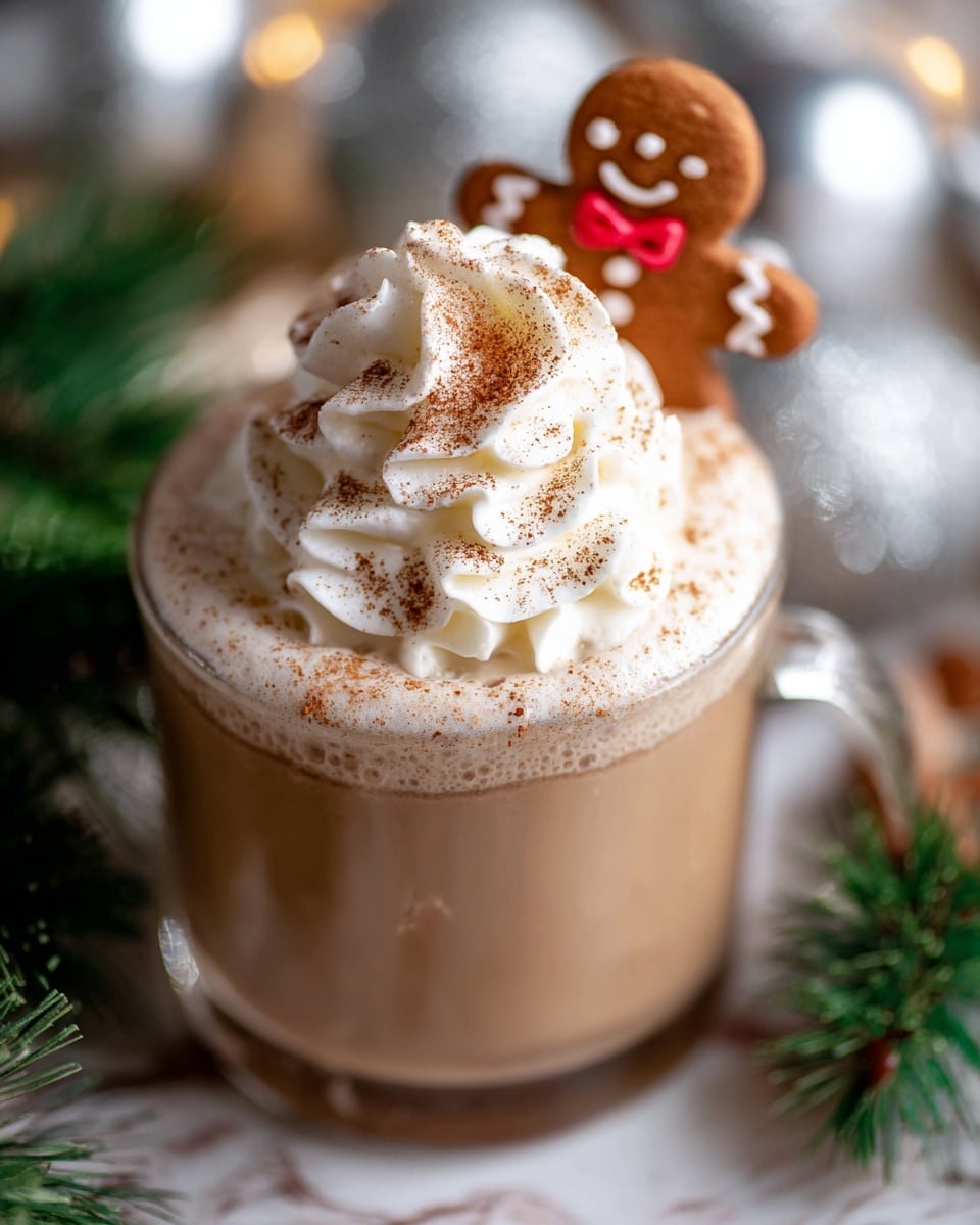 A clear glass cup is filled with a light brown creamy drink, topped with a large swirl of white whipped cream sprinkled lightly with brown cinnamon powder. Behind the whipped cream, a small gingerbread cookie shaped like a person, decorated with red and white icing, is partially visible, adding a festive touch. The glass sits on a white marbled surface with green pine leaves and blurred silver ornaments in the background, creating a cozy holiday feel. photo taken with an iphone --ar 4:5 --v 7