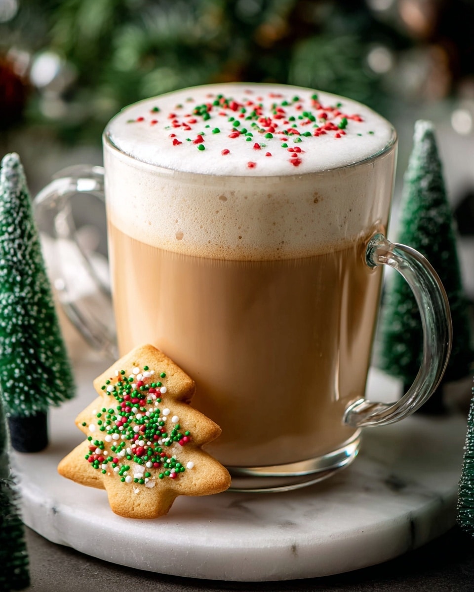 A clear glass mug filled with a light brown coffee drink topped with a thick layer of creamy foam that is sprinkled with small red and green round sprinkles. The mug sits on a round white marble coaster, with a tree-shaped cookie leaning against the mug. The cookie is pale yellow and decorated with red and green sprinkles matching the foam. The background shows blurred dark green Christmas tree decorations on a white marbled surface. photo taken with an iphone --ar 4:5 --v 7