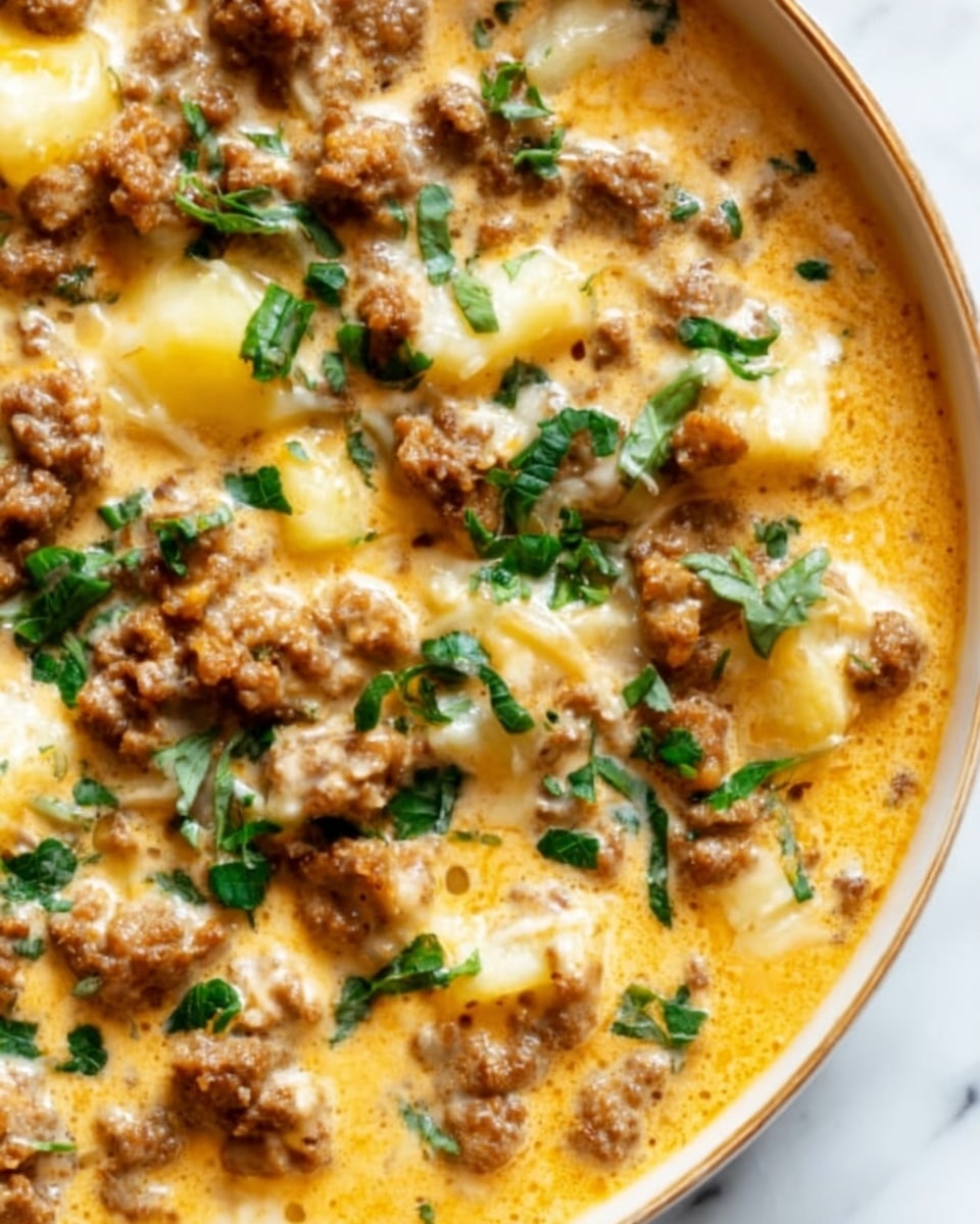A close-up of a bowl showing a hearty soup with three main layers: large pieces of pale yellow potatoes, golden-brown cooked sausage chunks, and bits of bright green herbs sprinkled on top. The broth is creamy light brown with swirls of white cream adding a smooth texture throughout. The soup fills a white bowl sitting on a white marbled surface, and a golden spoon is partially visible in the broth on the right side. The combination of colors and textures makes the dish look rich and comforting. photo taken with an iphone --ar 4:5 --v 7