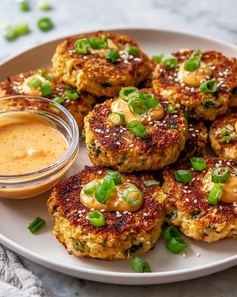 The image shows a white plate with nine round, golden-brown croquettes arranged in a circle with one in the middle. Each croquette has a crispy, crumb-coated outer layer with a browned, slightly rough texture. On top of most croquettes, there is a dollop of creamy light orange sauce, garnished with thin, bright green slices of scallion and a sprinkle of white and black sesame seeds. A silver spoon, resting on a croquette at the bottom right of the plate, holds some sauce with a few pieces of scallion on it. The plate is placed on a white marbled surface, adding a clean, bright contrast to the warm colors of the croquettes. photo taken with an iphone --ar 4:5 --v 7