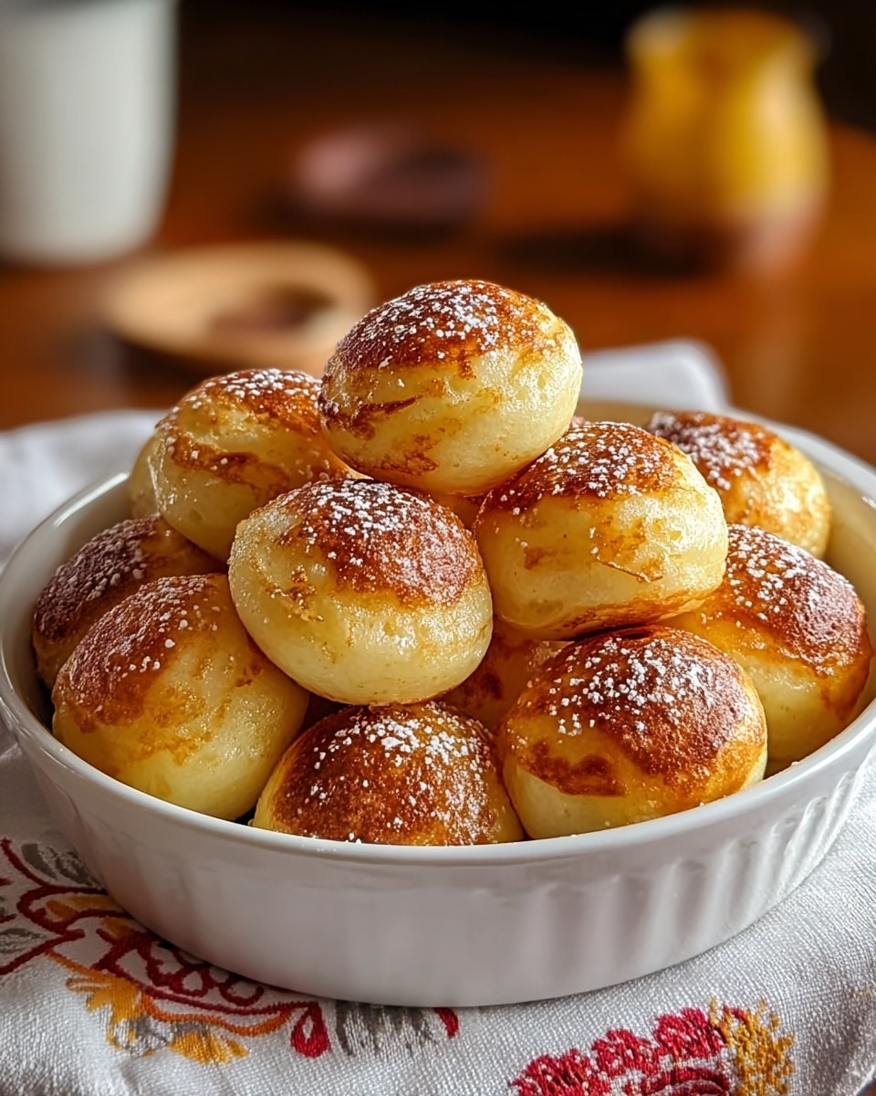 The image shows a white round dish filled with a dozen small, round pancake balls, each with a golden brown top and sides that look soft and fluffy. The pancake balls have a light dusting of powdered sugar, adding small white patches on their slightly shiny, cooked surface. The dish is placed on a wooden surface with a white cloth featuring red and yellow designs partially visible underneath. The background includes soft warm tones and slightly blurred objects, creating a cozy atmosphere. Photo taken with an iphone --ar 4:5 --v 7
