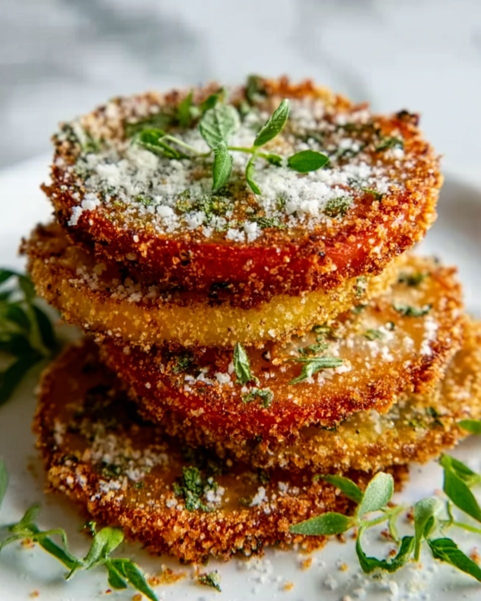 The image shows a stack of four crispy, golden-brown fried green tomato slices on a white plate, each slice coated with a crunchy breadcrumb layer. The top tomato slice is covered with a light sprinkle of white grated cheese and small fresh green herb leaves scattered on top and around the stack. The edges of the tomato slices have a rough, crunchy texture with a warm brown color, while the centers show soft, juicy tomato flesh with a vibrant red color peeking through. The background is a white marbled texture, adding a clean, bright look to the photo taken with an iphone --ar 4:5 --v 7