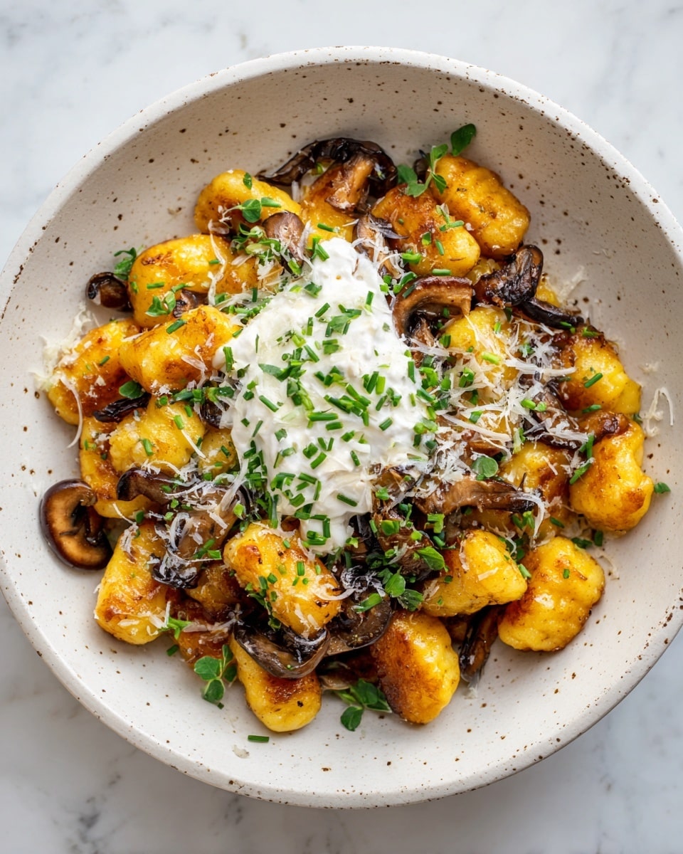 The image shows a bowl of golden-brown gnocchi with crispy edges, topped with a dollop of white creamy sauce in the center. The gnocchi are mixed with browned bits of what appears to be mushrooms or small pieces of meat, giving a slightly rough texture and darker brown color in some areas. Over the gnocchi, there are scattered small green chopped herbs and thin shreds of pale yellow cheese. The bowl is white and rests on a white marbled surface. The lighting highlights the texture of the dish, making it look warm and savory. Photo taken with an iphone --ar 4:5 --v 7