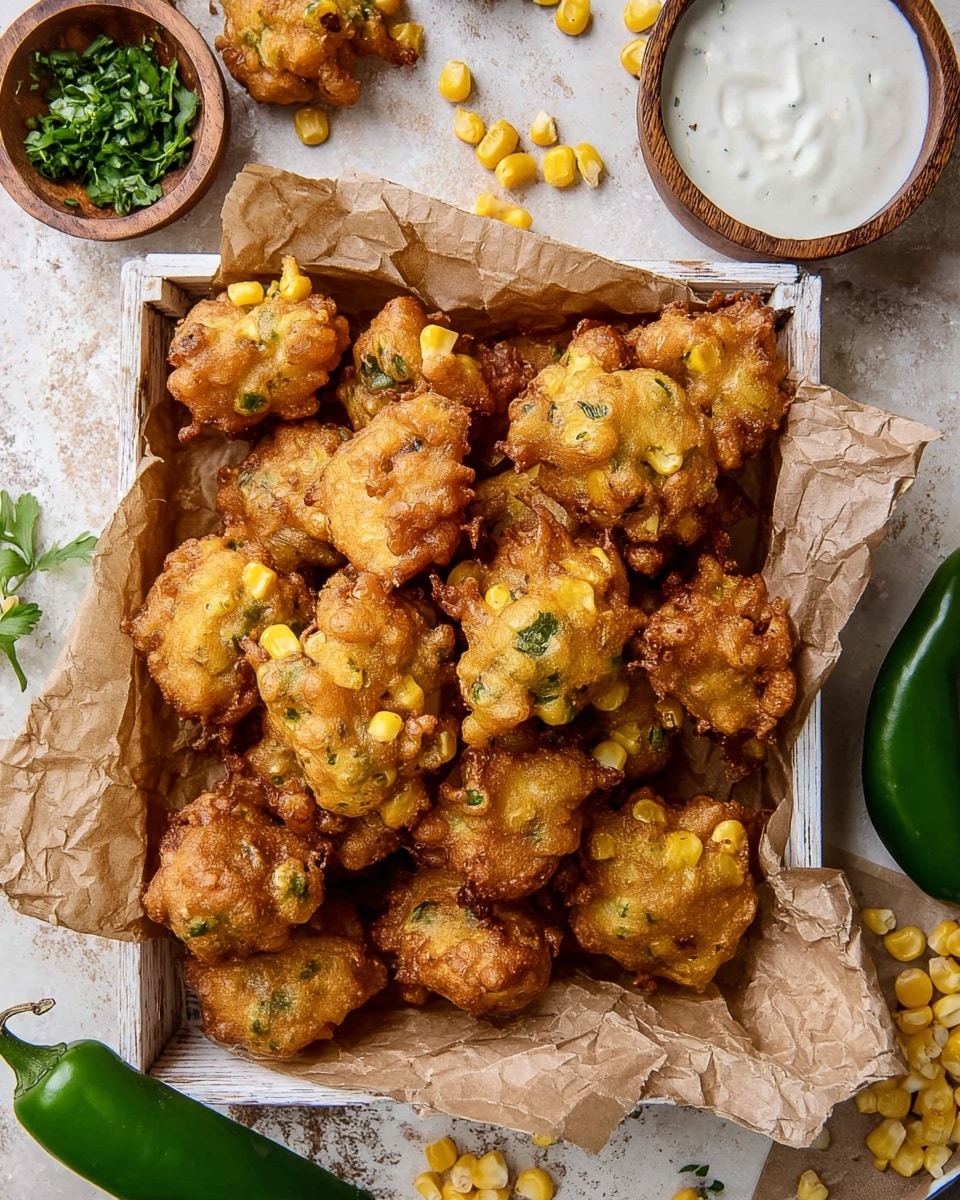 A tray lined with crumpled brown parchment paper holds a large pile of golden-brown, crispy fried corn fritters, each with a rough, uneven texture and visible bits of yellow corn and green herbs inside. Some small corn kernels are scattered around the fritters both in the tray and on the white marbled surface beneath. To the left, a small wooden bowl filled with finely chopped green herbs is set on the white marbled background. In the top right, two whole green chili peppers rest on the surface, and to the right of the tray, there is a small wooden bowl with a smooth, creamy white dipping sauce. One fritter off to the side shows its soft inside, dotted with corn and green pieces. photo taken with an iphone --ar 4:5 --v 7