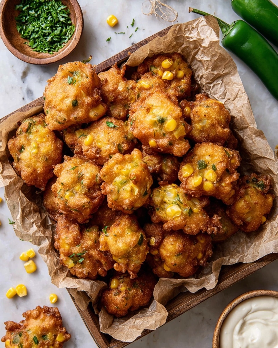 A white tray lined with crumpled brown parchment paper holds a large pile of golden brown fried fritters, each irregularly shaped with a crispy, textured surface. Small bits of yellow corn and green herbs are visible inside the fritters, giving them a speckled look. Around the tray, scattered corn kernels and a few fritters rest on a white marbled surface. On the right side, a wooden bowl filled with creamy white sauce appears, and in the top-left corner, a small wooden bowl holds fresh chopped green herbs. A green chili pepper and a whole green tomato lie nearby, adding a splash of natural green color. photo taken with an iphone --ar 4:5 --v 7