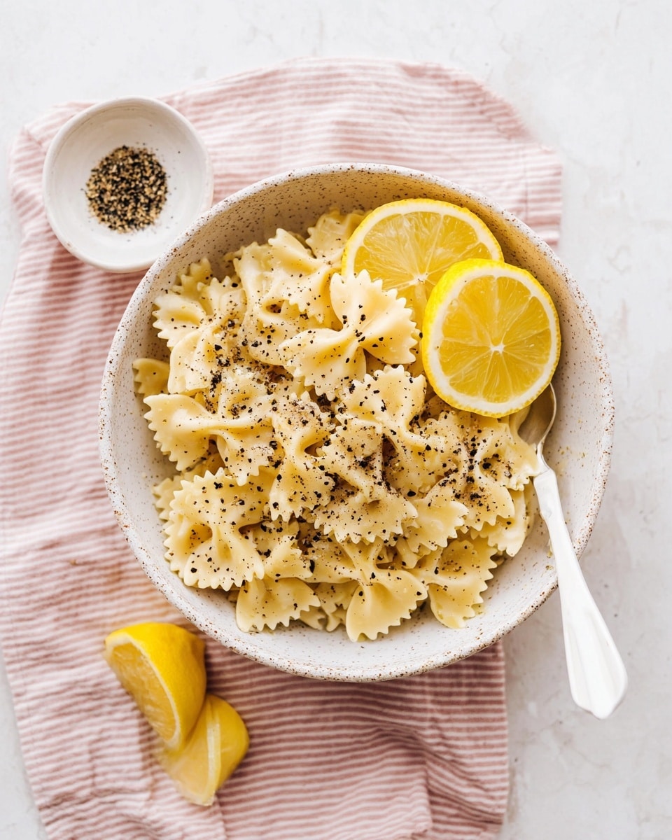 A white speckled bowl filled with pale yellow bow tie pasta coated in a creamy sauce, sprinkled with crushed black pepper on top. Two bright yellow lemon slices rest on the side inside the bowl. The bowl sits on a soft pink and white striped cloth, placed on a white marbled surface. Next to the bowl, a small white dish contains ground black pepper, and a single lemon wedge lies nearby. A white spoon is partially visible inside the bowl. photo taken with an iphone --ar 4:5 --v 7