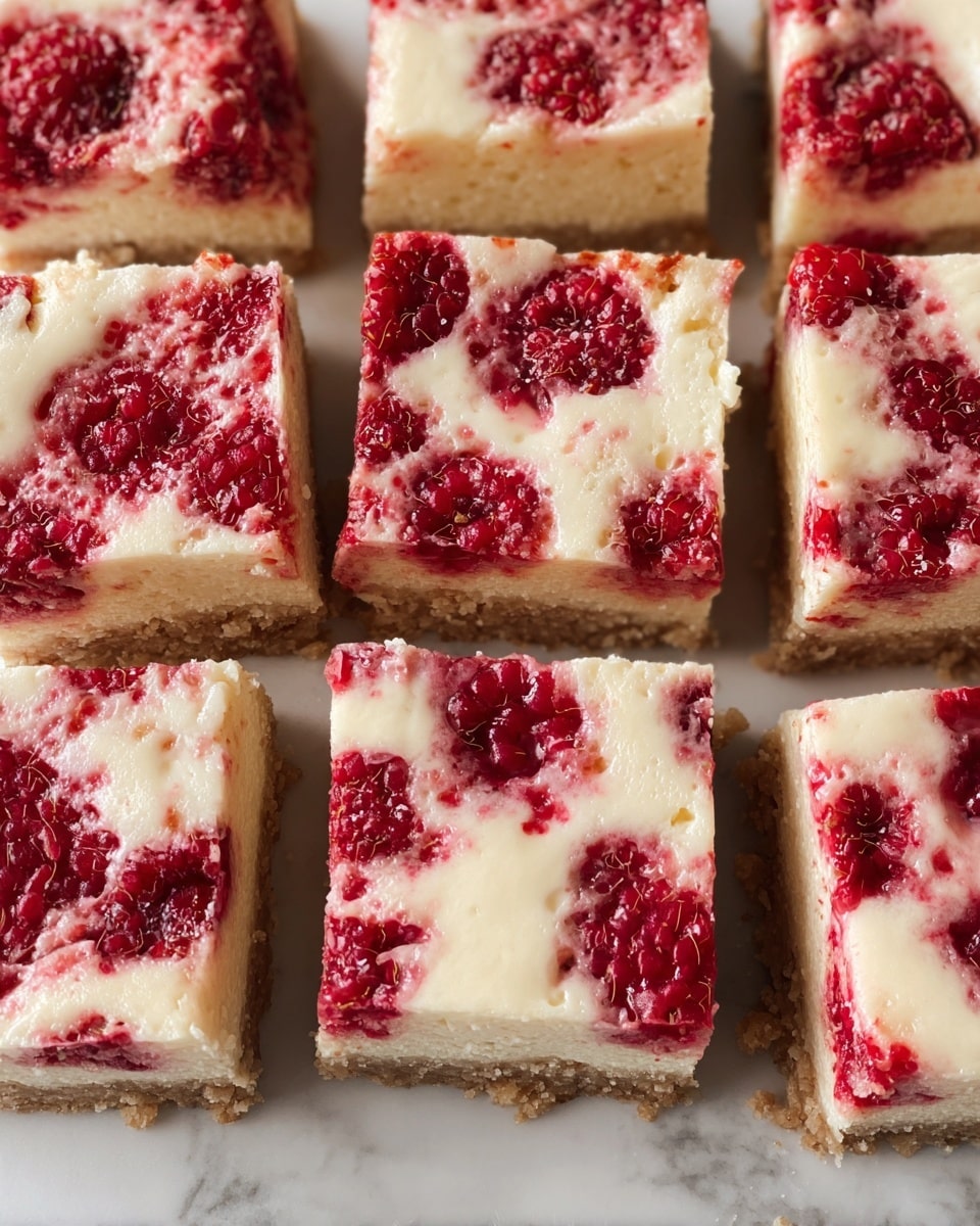 The image shows a close-up view of several square pieces of raspberry cheesecake bars arranged next to each other on a white marbled surface. Each bar has three visible layers: a bottom crumbly, light brown crust, a thick off-white cheesecake filling in the middle, and a top layer with embedded whole and partially crushed bright red raspberries. The cheesecake layer is smooth but slightly cracked, allowing the raspberry juices to bleed and blend into the creamy texture at spots. The bars are cut cleanly, showing the contrasting colors and textures between the crust, cheesecake, and fresh raspberries. photo taken with an iphone --ar 4:5 --v 7