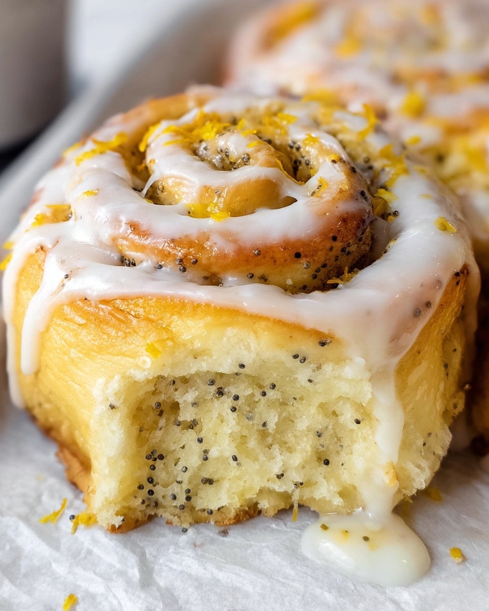 A close-up of a single lemon poppy seed roll cut to show its soft, fluffy, pale yellow inside filled with tiny black poppy seeds; the top is a golden brown spiral with a thick drizzle of smooth, white icing flowing down the sides and small bits of lemon zest scattered on top, all sitting on white baking paper with a white marbled texture background; photo taken with an iphone --ar 4:5 --v 7