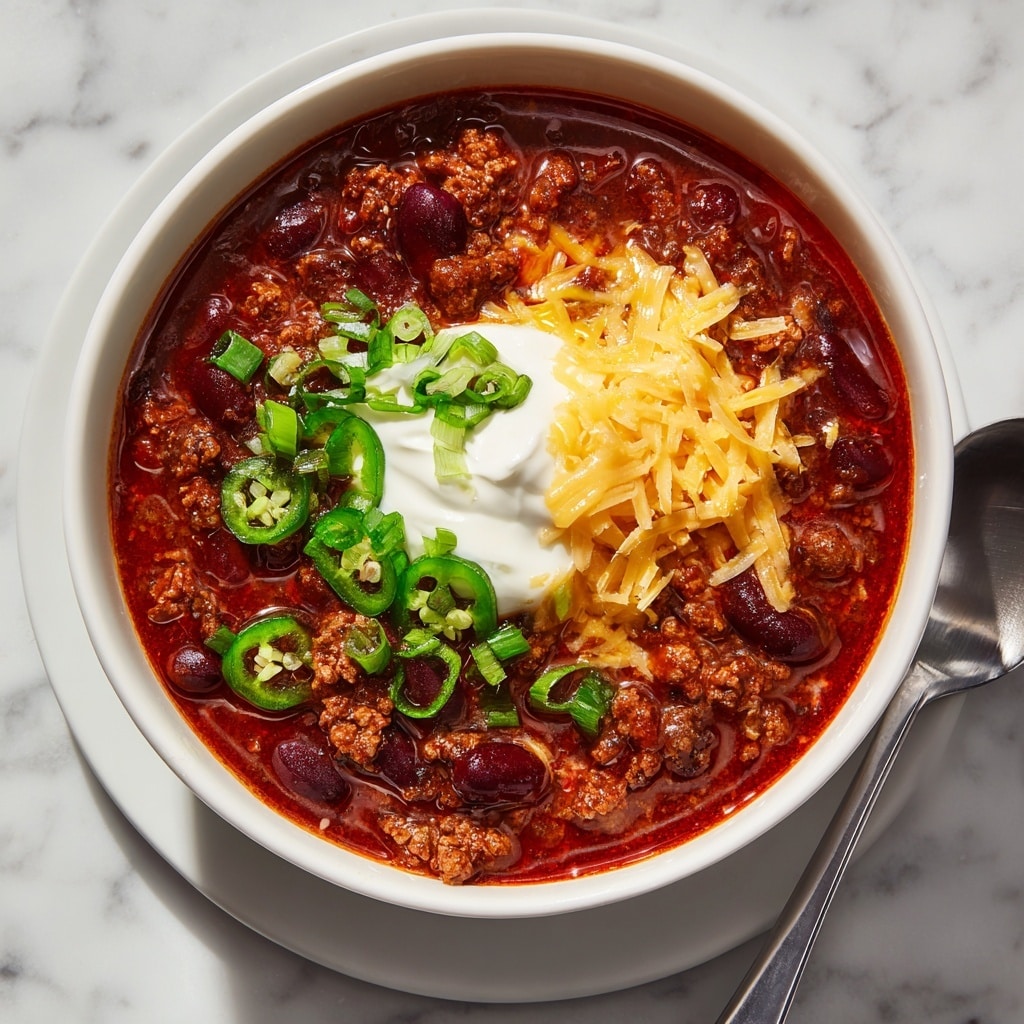 A white bowl filled with thick chili, showing a rich, dark red base layer of chunky ground beef mixed with dark red kidney beans, topped with green chopped jalapeños scattered unevenly. In the center, there is a dollop of white sour cream, over which bright yellow shredded cheddar cheese is placed, and finely chopped bright green spring onions sprinkled on top. The bowl sits on a white marbled surface, with a silver spoon visible near the edge and a beige cloth partially seen in the background. Photo taken with an iphone --ar 4:5 --v 7
