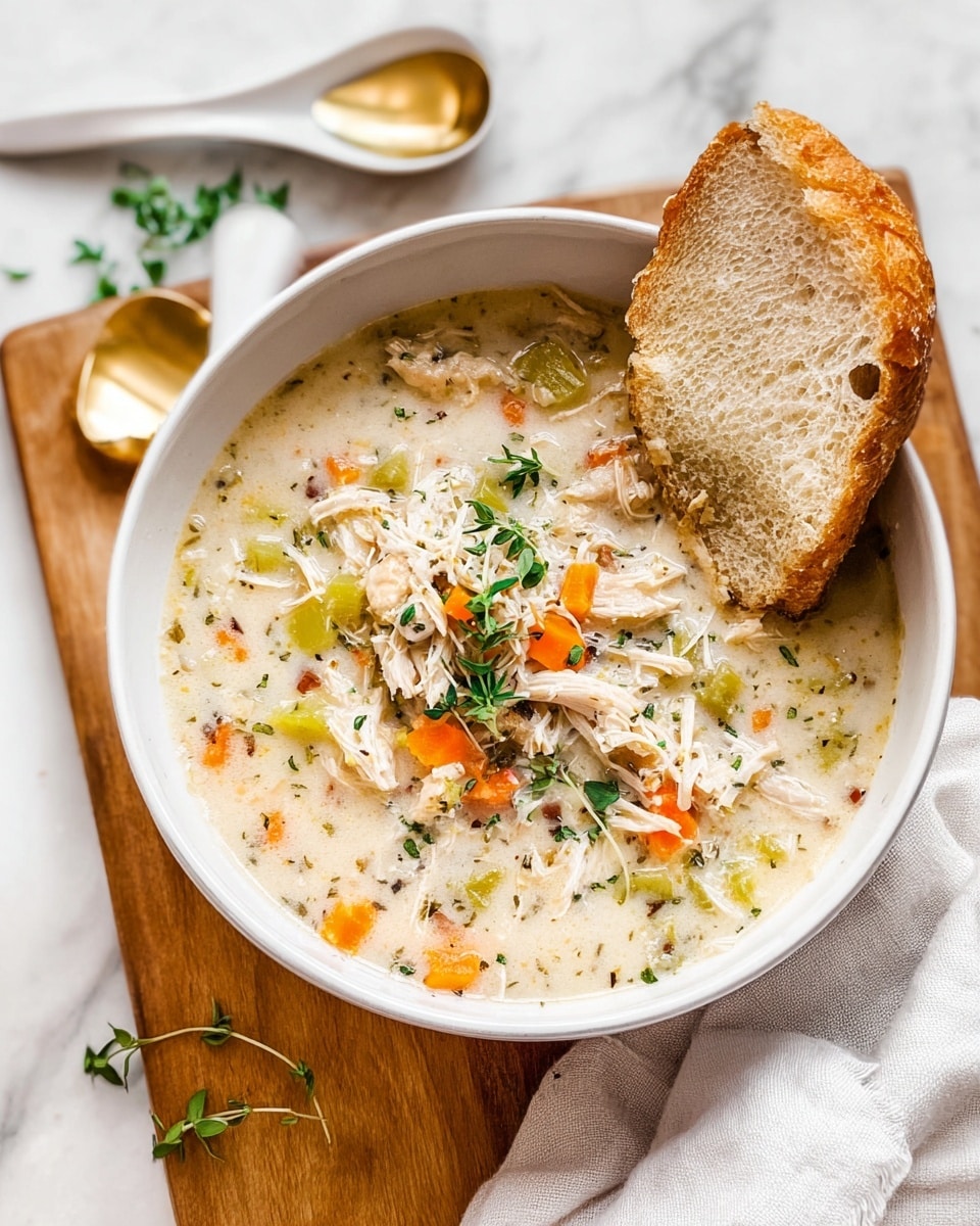 A white bowl filled with thick chicken and vegetable soup sits on a wooden board over a white marbled surface. The soup has a creamy, light beige base with visible shredded white chicken, small orange carrot cubes, and green celery pieces mixed throughout. Fresh green herb sprigs are scattered on top for garnish. A slice of light golden brown bread is placed partly inside the soup at an angle. A white spoon with a golden scoop rests nearby, and a white cloth napkin with a folded texture lies beside the bowl. Photo taken with an iphone --ar 4:5 --v 7