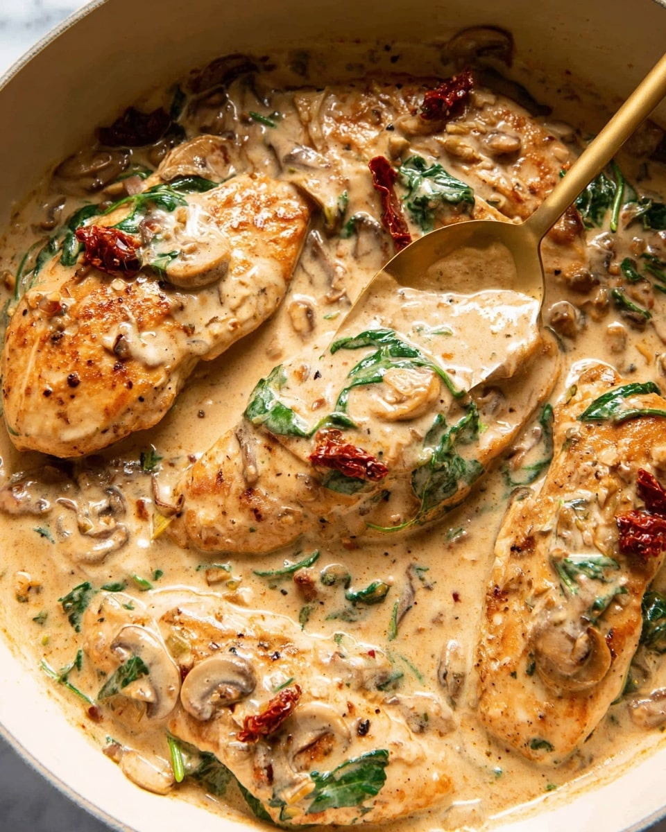 A white pan filled with four pieces of golden brown chicken breasts covered in a creamy light tan sauce with visible bits of garlic and pepper. The sauce includes sliced mushrooms with a soft grayish color and green spinach leaves scattered throughout. Small pieces of sun-dried tomatoes add a deep red accent on top of the chicken and in the sauce. A gold spoon is partially submerged in the sauce, scooping up some cream near the center of the pan. The textures of the sauce look rich and smooth, coating the chicken well. The background surface is a white marbled texture. photo taken with an iphone --ar 4:5 --v 7
