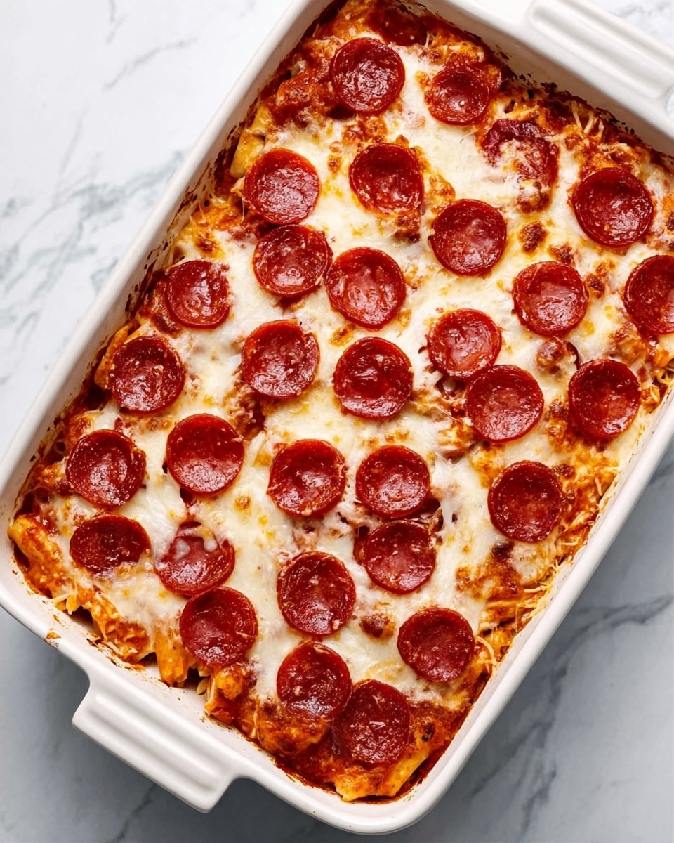 The image shows a white rectangular baking dish filled with a baked cheesy dish. The top layer is covered with melted golden cheese, slightly browned in some areas, with plenty of round slices of pepperoni evenly spread across the surface. The pepperoni slices are reddish-brown with a bit of crisp texture around the edges. The dish rests on a white marbled surface. photo taken with an iphone --ar 4:5 --v 7