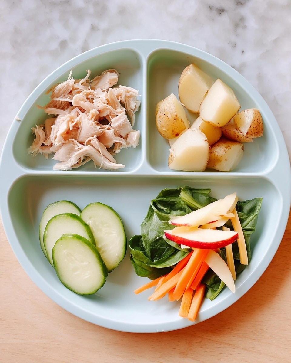 A round white plate with three sections contains a simple meal. The top left section has shredded light pink chicken pieces with some texture from cooking. The top right section holds small chunks of boiled potato with light brown skin visible on some pieces. The bottom left section has three thin, round slices of pale green cucumber stacked slightly overlapped. The bottom right section contains a small salad made of dark green spinach leaves, thin orange carrot cubes, light yellow shredded cheese, and thin slices of red apple with pale flesh, all arranged loosely. The plate sits on a white marbled texture. Photo taken with an iphone --ar 4:5 --v 7
