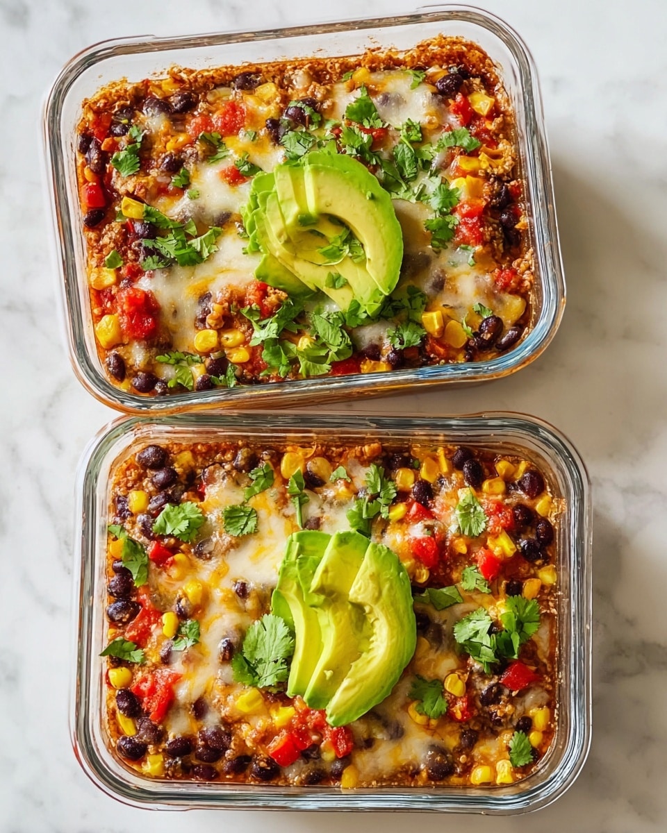 Two clear rectangular glass baking dishes sit on a white marbled surface, each filled with a layered casserole. The bottom layer appears to be a baked mixture with a slightly golden crust, topped with melted cheese creating a creamy, stretchy texture. Scattered on top are black beans, bright yellow corn kernels, and chopped red bell peppers, adding bursts of color and a fresh look. The dishes are garnished with fresh green cilantro leaves and slices of avocado placed in the center, adding a vibrant green contrast to the warm tones of the casserole. The photo taken with an iphone --ar 4:5 --v 7
