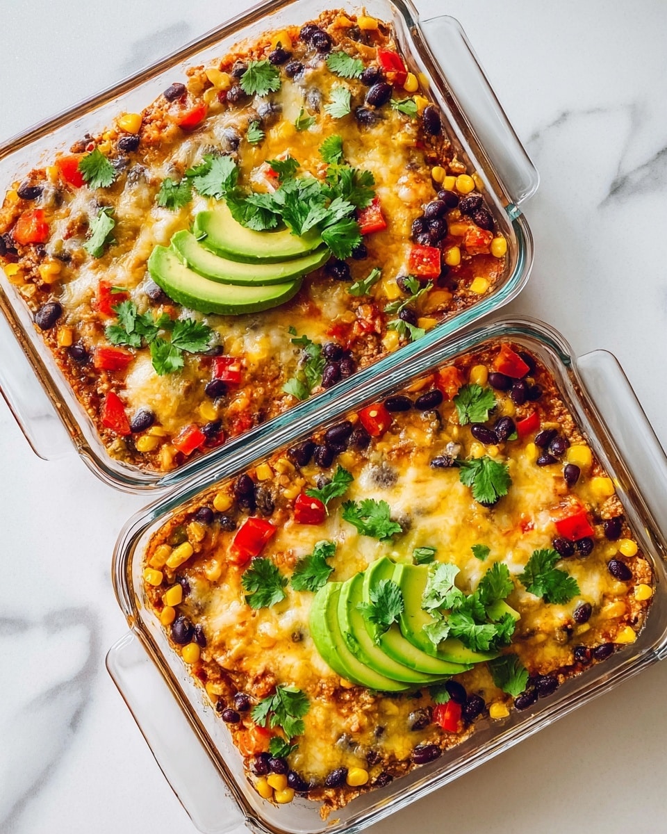 Two clear glass rectangular containers of layered Mexican-style casserole sit on a white marbled surface. Each container shows a bottom layer of a light brown base topped with a colorful middle layer made of black beans, yellow corn, and red diced peppers spread evenly. A melted layer of cheese covers the top, scattered with bright green fresh cilantro leaves. Each casserole is garnished with sliced avocado placed in the center. The colors of black, yellow, red, green, and melted white cheese create a vibrant and textured look. Photo taken with an iphone --ar 4:5 --v 7