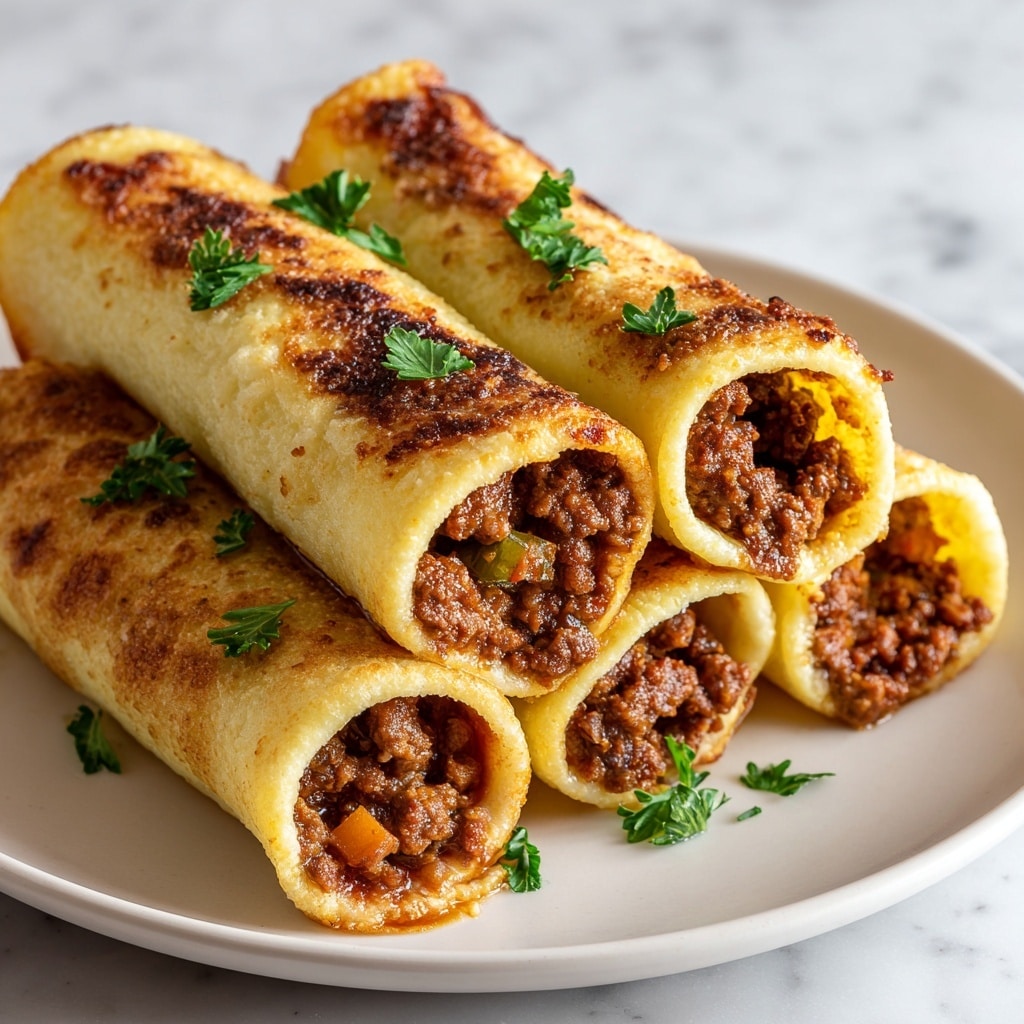 The image shows four golden brown, crispy rolls filled with a dark brown meat mixture that has a moist texture, with small pieces of red pepper and green herbs visible inside. The rolls have a flaky outer layer with a slightly toasted and bubbled surface, stacked closely on a white plate. Green leafy herbs are scattered around the rolls for garnish, creating a fresh contrast against the warm tones of the rolls and the white plate. The background is a white marbled texture. Photo taken with an iphone --ar 4:5 --v 7
