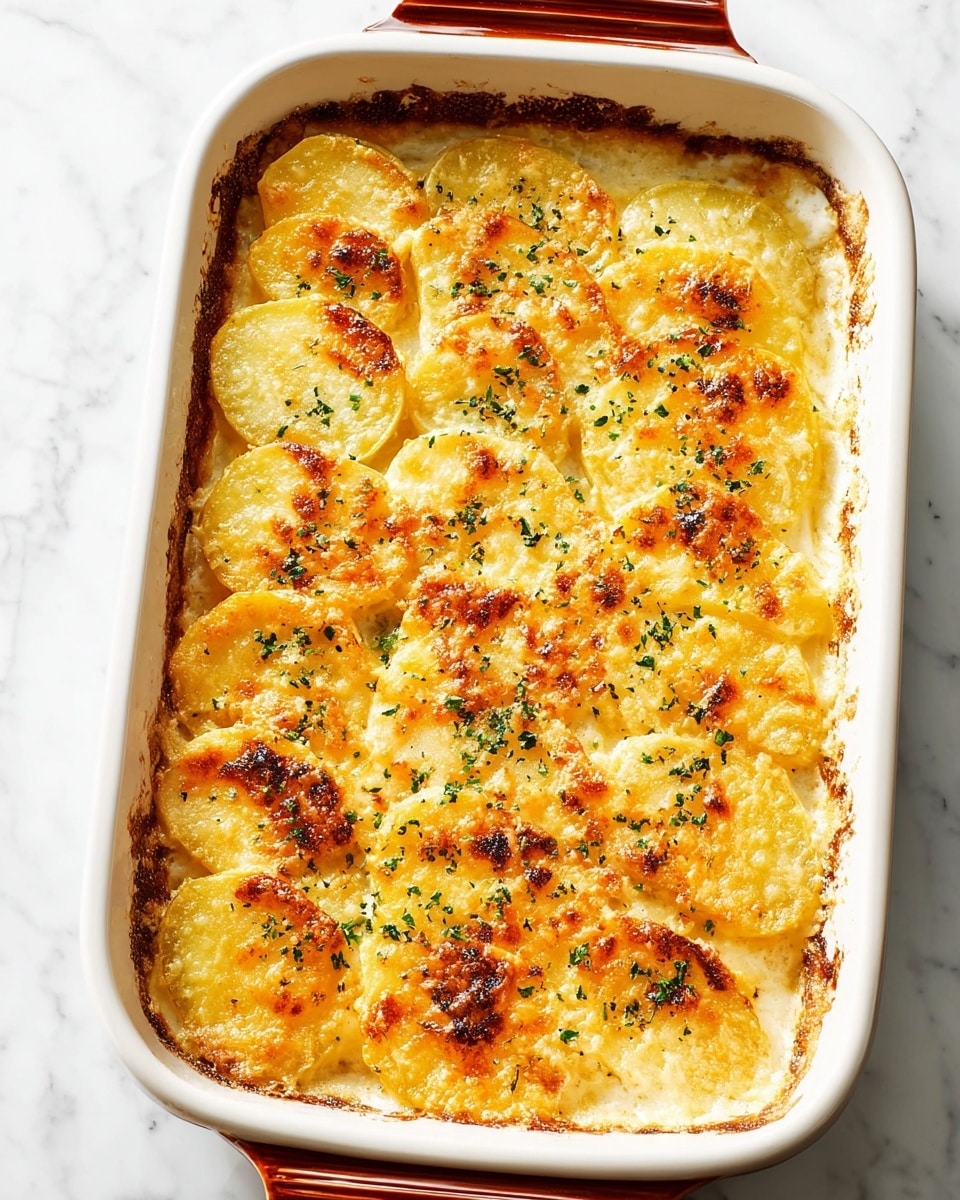 A baked dish in a white rectangular ceramic baking dish with a reddish-brown handle, showing a single layer of thinly sliced yellow potatoes arranged in slightly overlapping rows. The potatoes are covered with a golden brown, bubbly melted cheese topping that has some darker roasted spots, and small green herb flakes are sprinkled evenly across the surface. The dish sits on a white marbled background. photo taken with an iphone --ar 4:5 --v 7