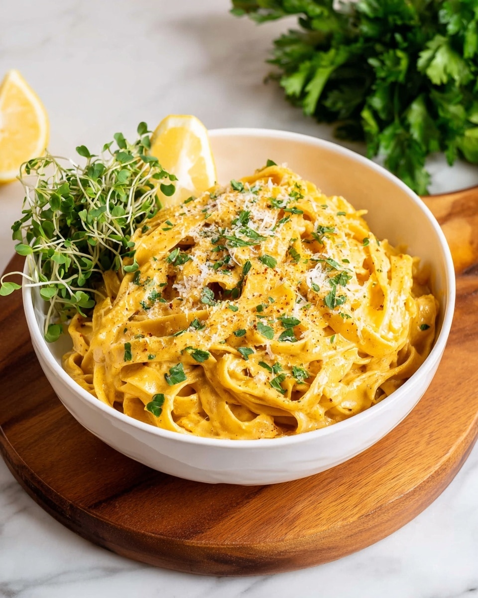 A white bowl filled with creamy orange-yellow fettuccine pasta, topped with sprinkled grated cheese and chopped green herbs. On the left side inside the bowl, there is a small bunch of fresh green microgreens, and a slice of bright yellow lemon rests beside them. The bowl sits on a round wooden board, and behind it, some fresh green parsley is visible against a white marbled surface. photo taken with an iphone --ar 4:5 --v 7