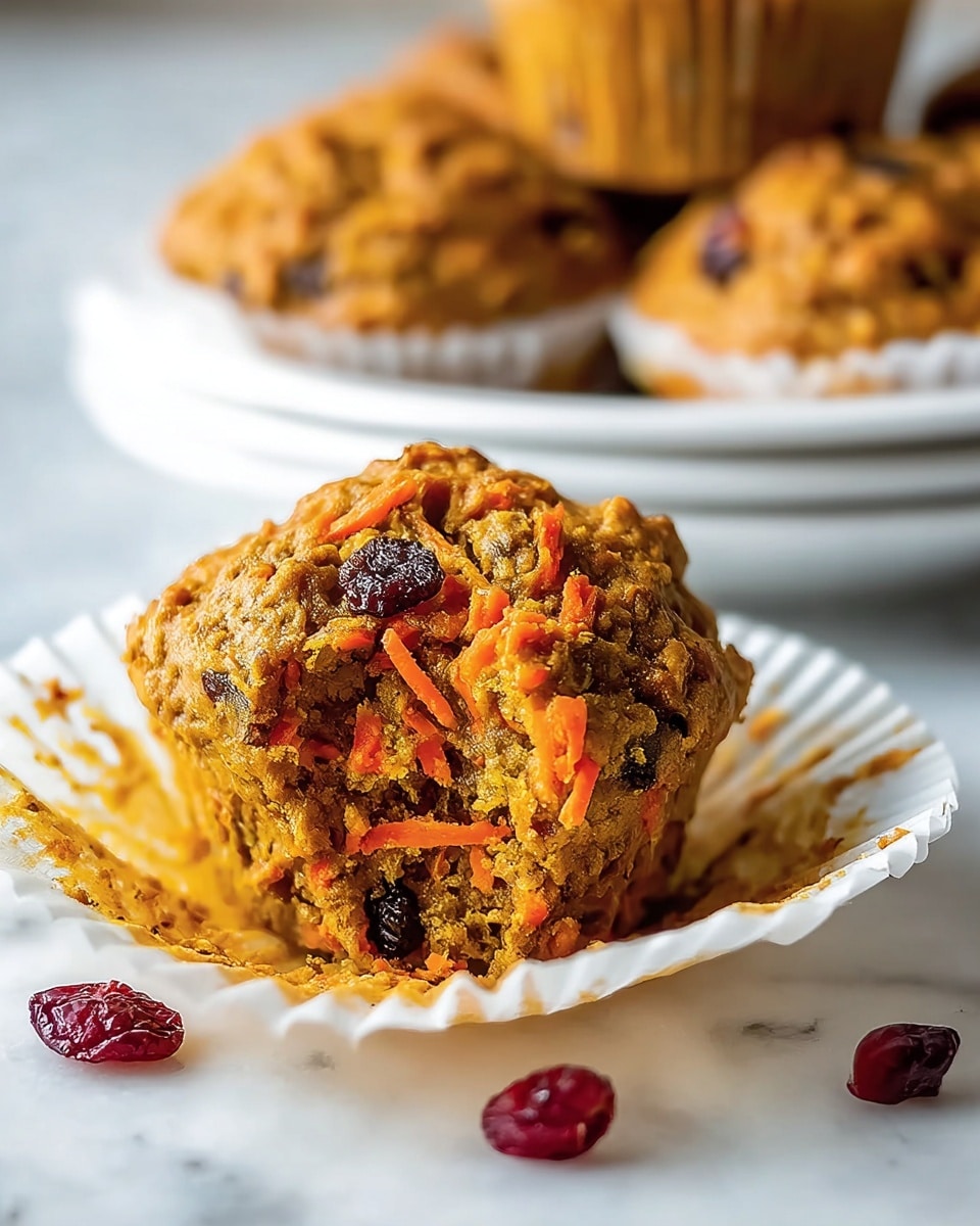 A close-up of a single muffin sitting in a beige paper liner on a white marbled surface. The muffin has a rough, uneven top that is orange-brown with visible carrot bits mixed inside. Scattered on top are several walnut halves, bright red dried cranberries, and light green pumpkin seeds, all adding texture and color contrasts. Surrounding this muffin are parts of other muffins with similar toppings, slightly blurred. The whole look is warm and rustic, highlighting the natural ingredients. photo taken with an iphone --ar 4:5 --v 7