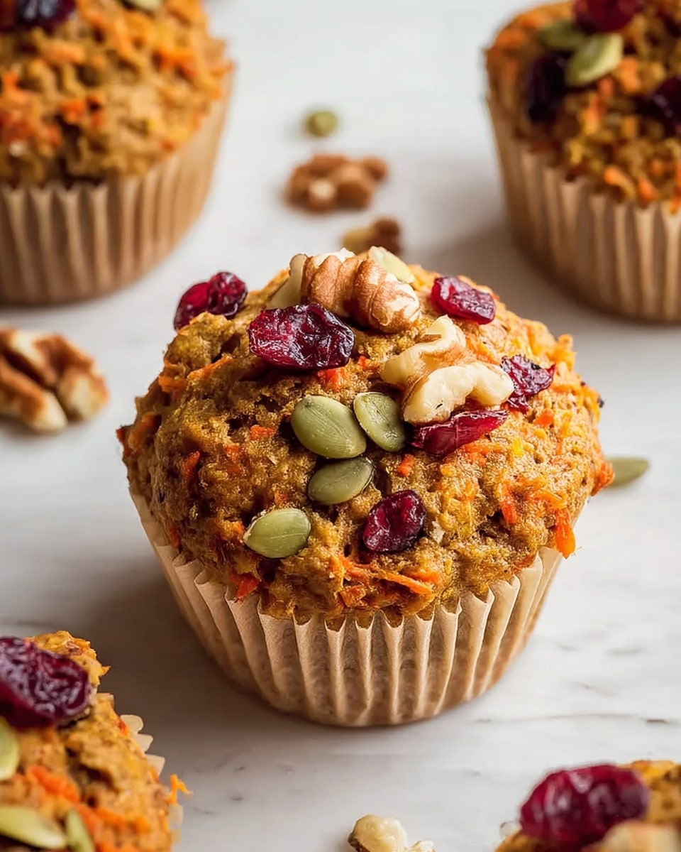 A close-up image of a moist carrot muffin with visible orange carrot shreds and dark raisins mixed throughout. The muffin is partially unwrapped from a white paper liner, which crinkles around its base, sitting on a white marbled texture. Behind the muffin, there is a white plate holding more similar carrot muffins, slightly blurred to keep the focus on the front one. Two dried cranberries rest on the white marbled surface near the muffin. The muffin top is slightly cracked with a rustic texture. photo taken with an iphone --ar 4:5 --v 7