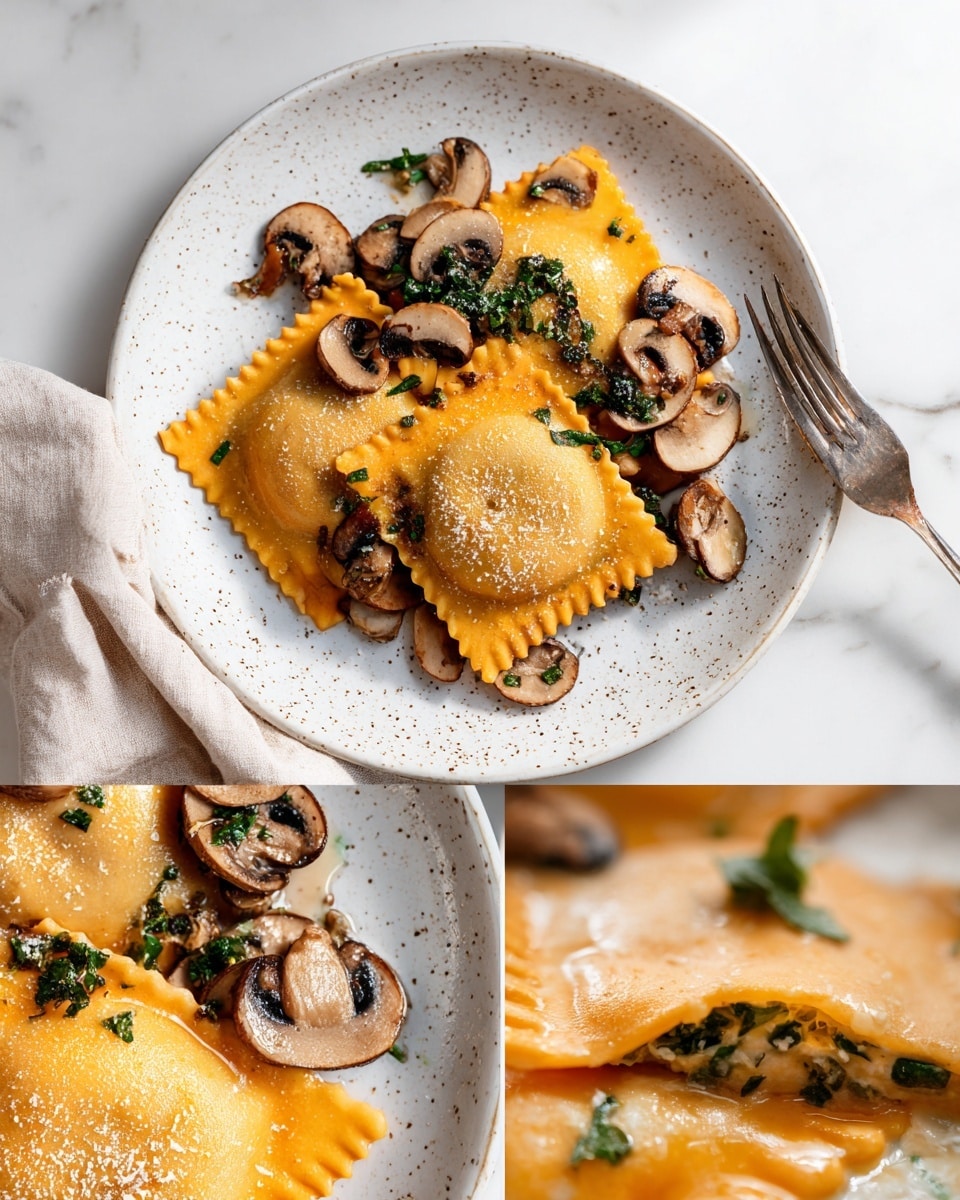 The dish shows large square ravioli with a smooth orange pasta dough, each side sealed with fork marks creating a ridged edge, in both uncooked and cooked states. The cooked ravioli sit on a white speckled plate, layered with sautéed sliced brown mushrooms and fresh green herbs scattered on top, giving a mix of soft, tender textures and glossy mushroom caps. One close-up reveals the ravioli filled with a creamy white and green mixture, visible where a piece is cut open, and lightly coated in a thin sauce pooling on the plate. The scene is set against a white marbled surface with a fork placed to the side, and soft natural light highlights the warmth of the dish. photo taken with an iphone --ar 4:5 --v 7