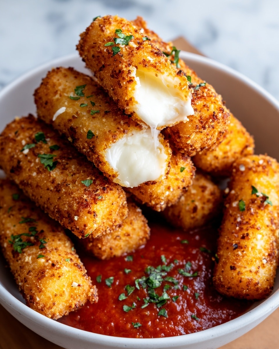A white bowl filled with a stack of seven golden-brown fried mozzarella sticks, each showing a crispy, textured crust with a sprinkle of chopped green herbs on top. The mozzarella sticks have one broken open near the center, revealing soft, white melted cheese inside. On the right side of the bowl, there is a pool of thick, red marinara sauce garnished with finely chopped green herbs. The bowl is placed on a white marbled surface. Photo taken with an iphone --ar 4:5 --v 7