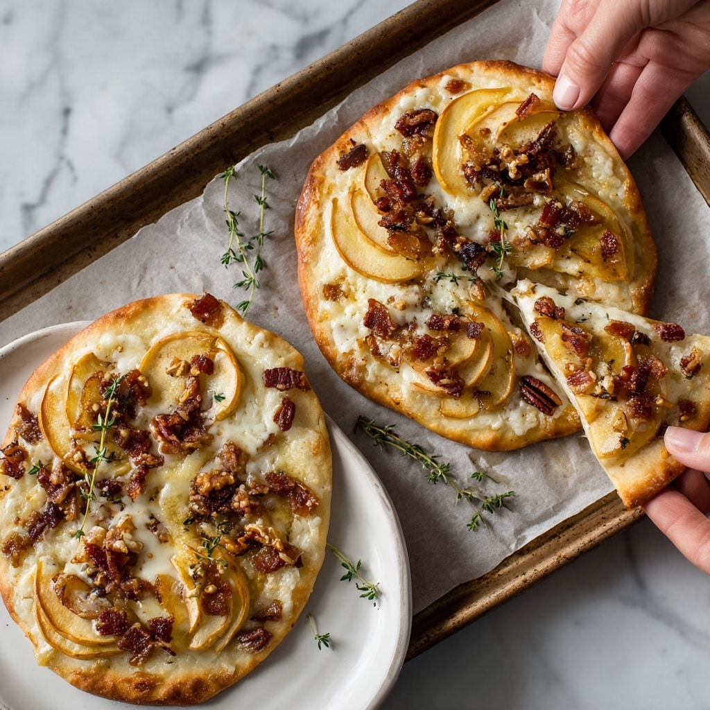 Two caramelized apple brie flatbreads sit on a baking tray lined with parchment paper, each flatbread showing a golden brown crust with crisp edges. The flatbreads have a base layer of melted brie cheese, topped evenly with thin, caramelized apple slices that are golden yellow and slightly soft. Scattered on top are small crunchy pecan pieces and bits of crispy bacon, adding rich brown and reddish textures, along with small green sprigs of thyme for a fresh touch. In the close-up, one flatbread is sliced into wedges on a white plate, showing the melted cheese stretching slightly and the thin apple slices overlapping in layers over the crust. The background is a white marbled texture. photo taken with an iphone --ar 4:5 --v 7