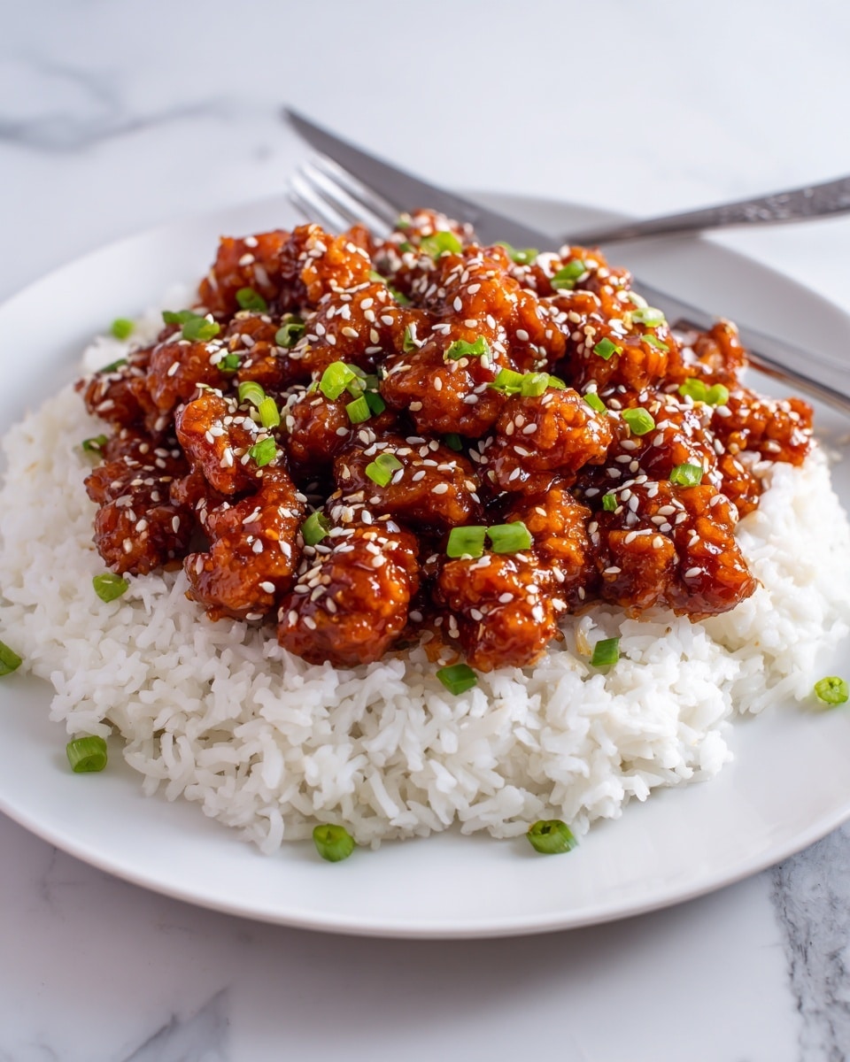 A white round plate filled with a base layer of fluffy white rice, topped with chunks of orange-brown chicken coated in a glossy sauce. The chicken pieces are mixed with small green onion slices and sprinkled with light-colored sesame seeds. A silver spoon is placed on the right side of the plate, resting partly on the rice and partly on the sauce. The plate sits on a white marbled surface with a red patterned cloth underneath it. Photo taken with an iphone --ar 4:5 --v 7