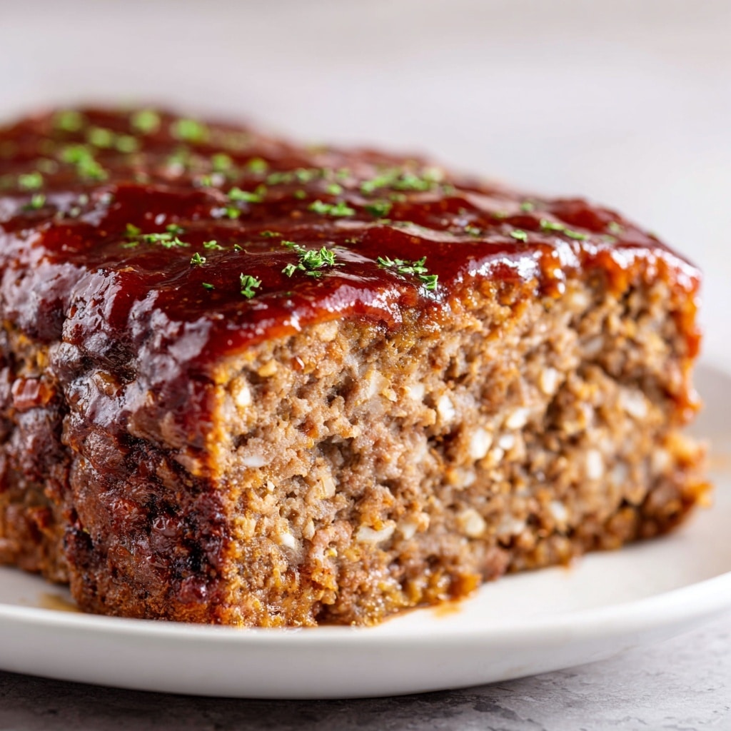 A close-up of a meatloaf slice on a white plate, with a rich dark brown glaze sauce dripping down the textured, cooked ground meat. The meatloaf has a dense, crumbly texture with small bits visible inside. The sauce is shiny and smooth, covering the top and slightly running down the sides. The background is a white marbled surface. Photo taken with an iphone --ar 4:5 --v 7