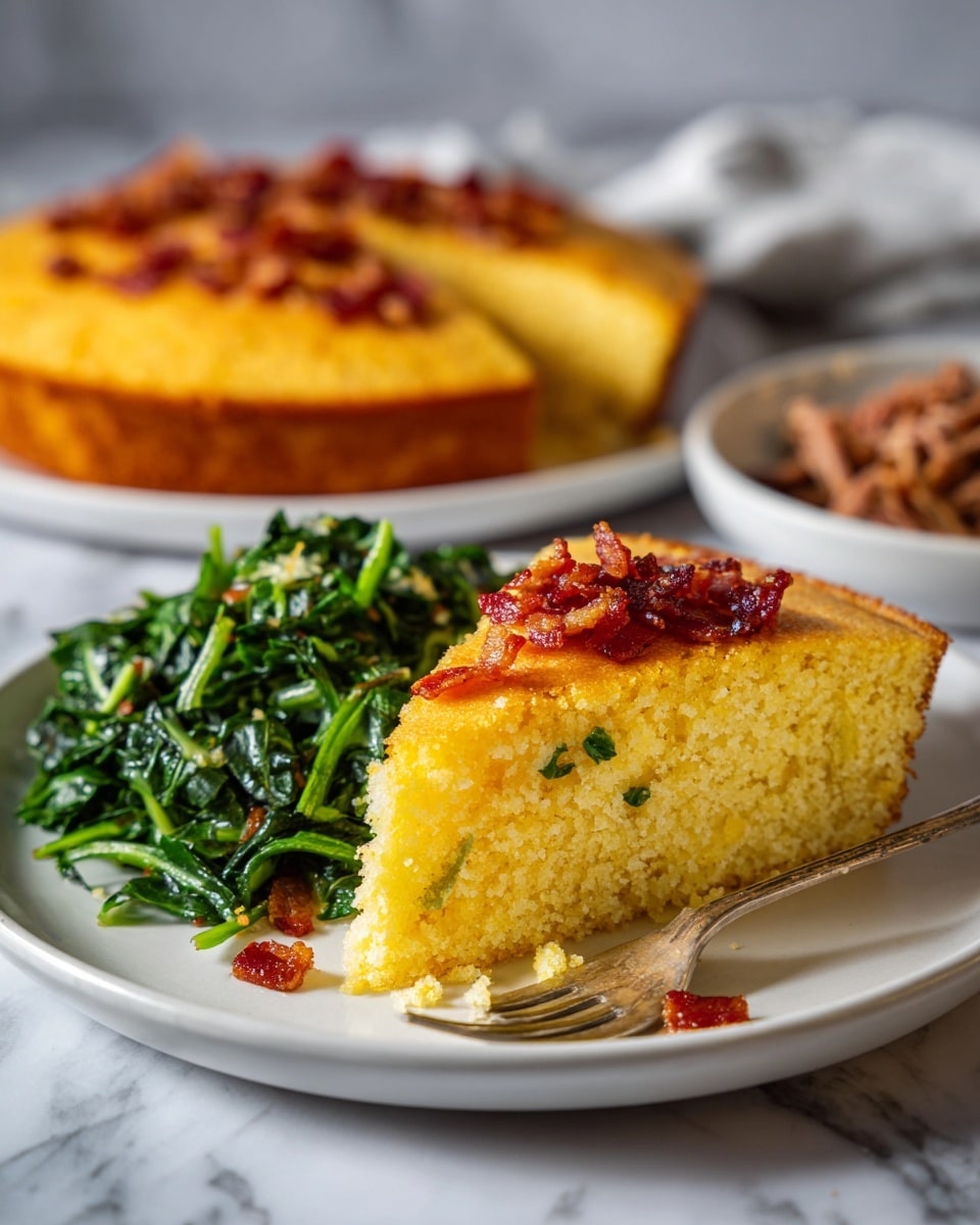 A slice of thick, yellow cornbread with a slightly crispy top layer of reddish-brown bacon strips sits on a white plate in the foreground, showing a soft and moist inside with small green specks. Next to it is a serving of dark green cooked leafy vegetables, with some brown shredded meat by their side. A fork rests behind the food on the plate. In the background, a whole cornbread with similar bacon topping is placed on a white plate on a surface with a white marbled texture. Photo taken with an iphone --ar 4:5 --v 7