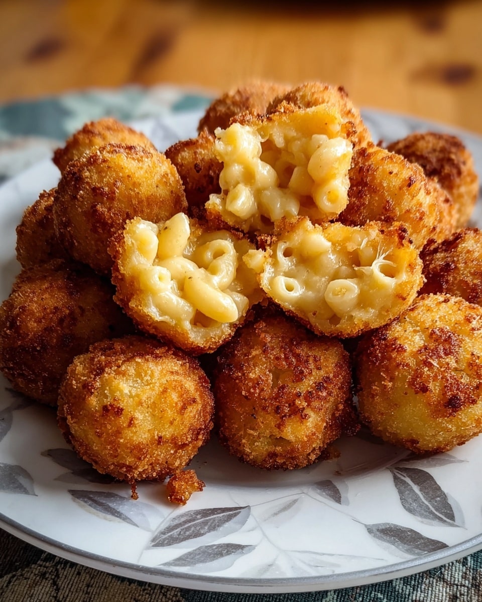 The image shows a white plate filled with multiple small, round, golden-brown fried balls. Some of these balls are whole, while a few are cut open, revealing creamy, light yellow macaroni and cheese inside with a soft, smooth texture. The crispy outer layer appears crunchy and slightly rough, contrasting with the soft, cheesy pasta filling. The plate has a subtle leaf pattern in shades of gray, and the setting includes a blurred wooden background. The overall look is warm and appetizing. photo taken with an iphone --ar 4:5 --v 7