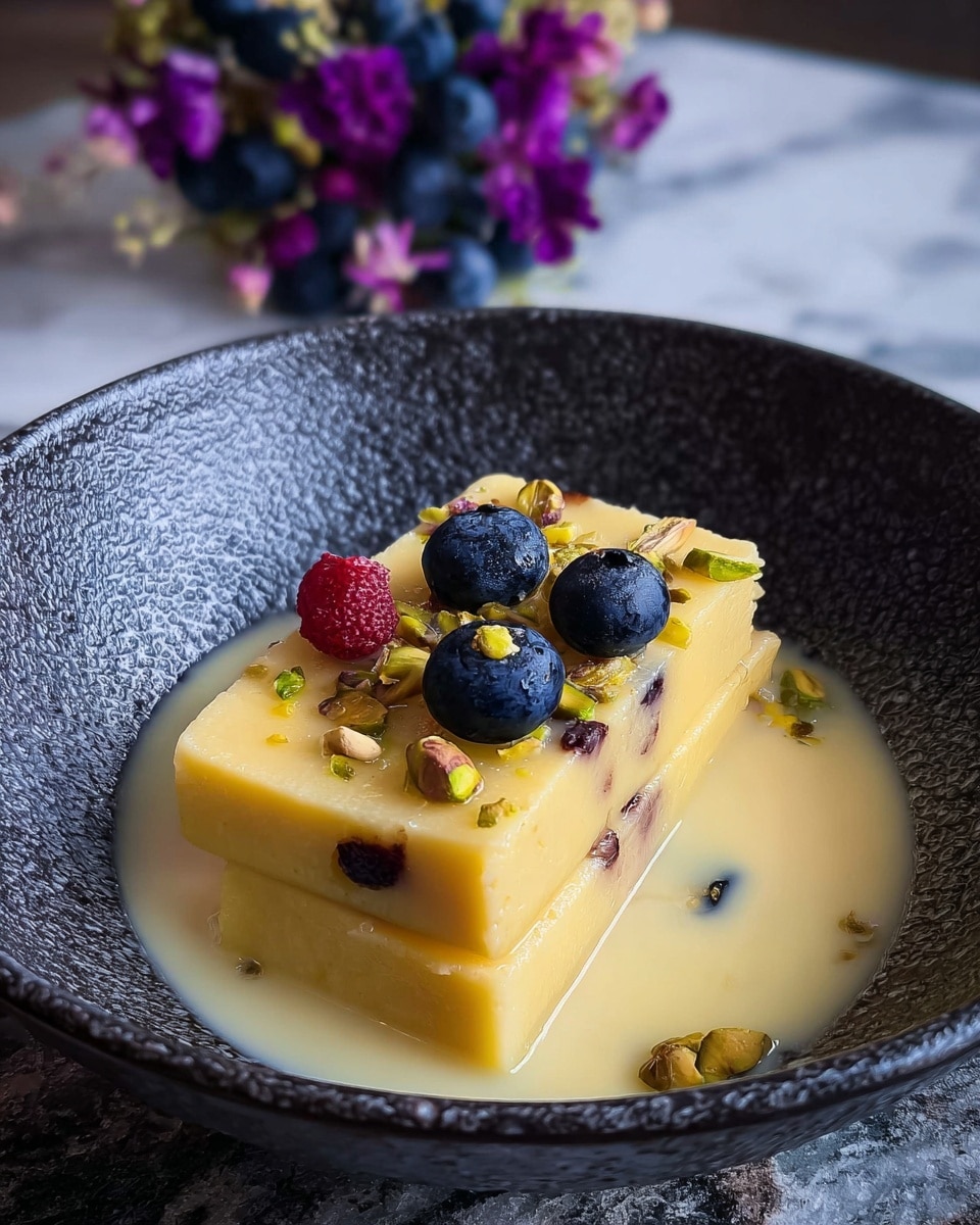 Two thick, square-shaped slices of light yellow bread pudding sit side by side in a shallow pool of creamy, pale yellow sauce on a textured black plate. The top slice is garnished with a few chopped nuts sprinkled over the sauce and three round, plump blueberries along with one small red berry on top. The plate rests on a white marbled surface, with a blurred background featuring a blue-purple hydrangea flower and a white bowl with blue and gold pattern holding apples and oranges. Photo taken with an iphone --ar 4:5 --v 7