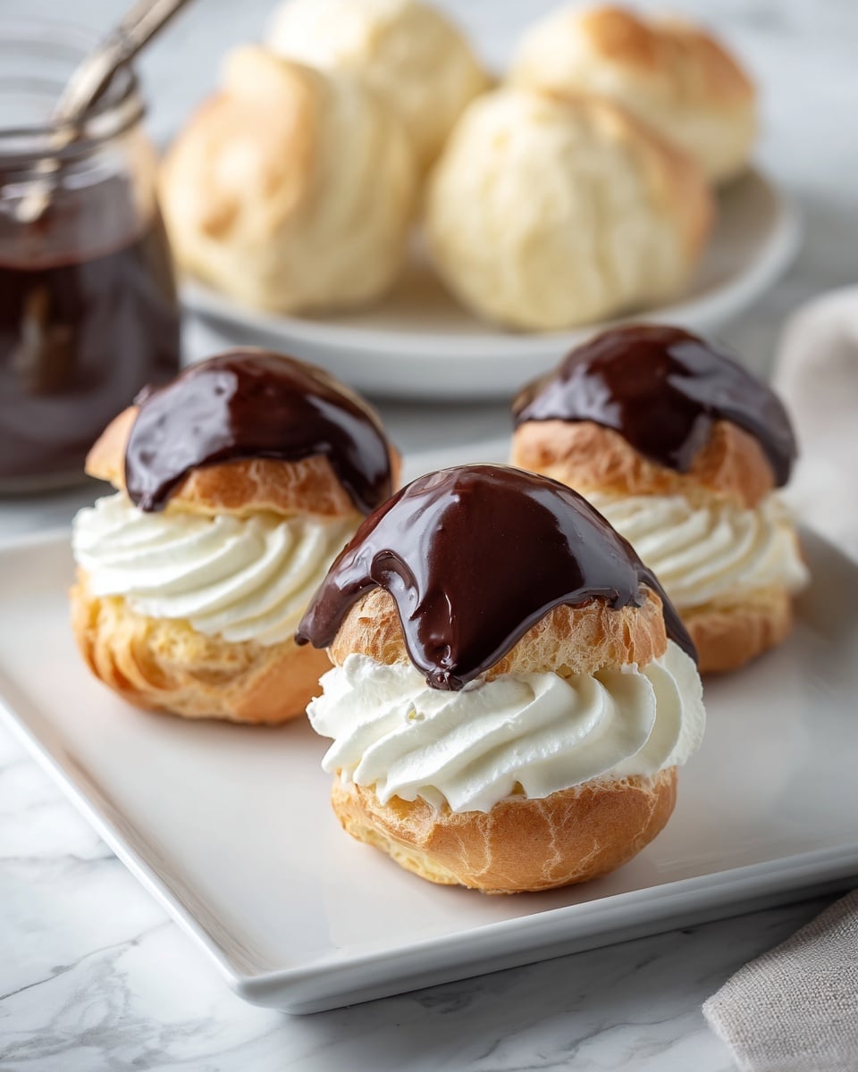 The image shows three round cream puffs placed in a row on a long white rectangular plate. Each cream puff has a golden brown choux pastry shell filled with a white cream layer inside. On top of the cream puffs, there is a smooth dark chocolate glaze dripping slightly over the edges. The plate is set on a white marbled surface, and the background is softly blurred to keep the focus on the dessert. photo taken with an iphone --ar 4:5 --v 7