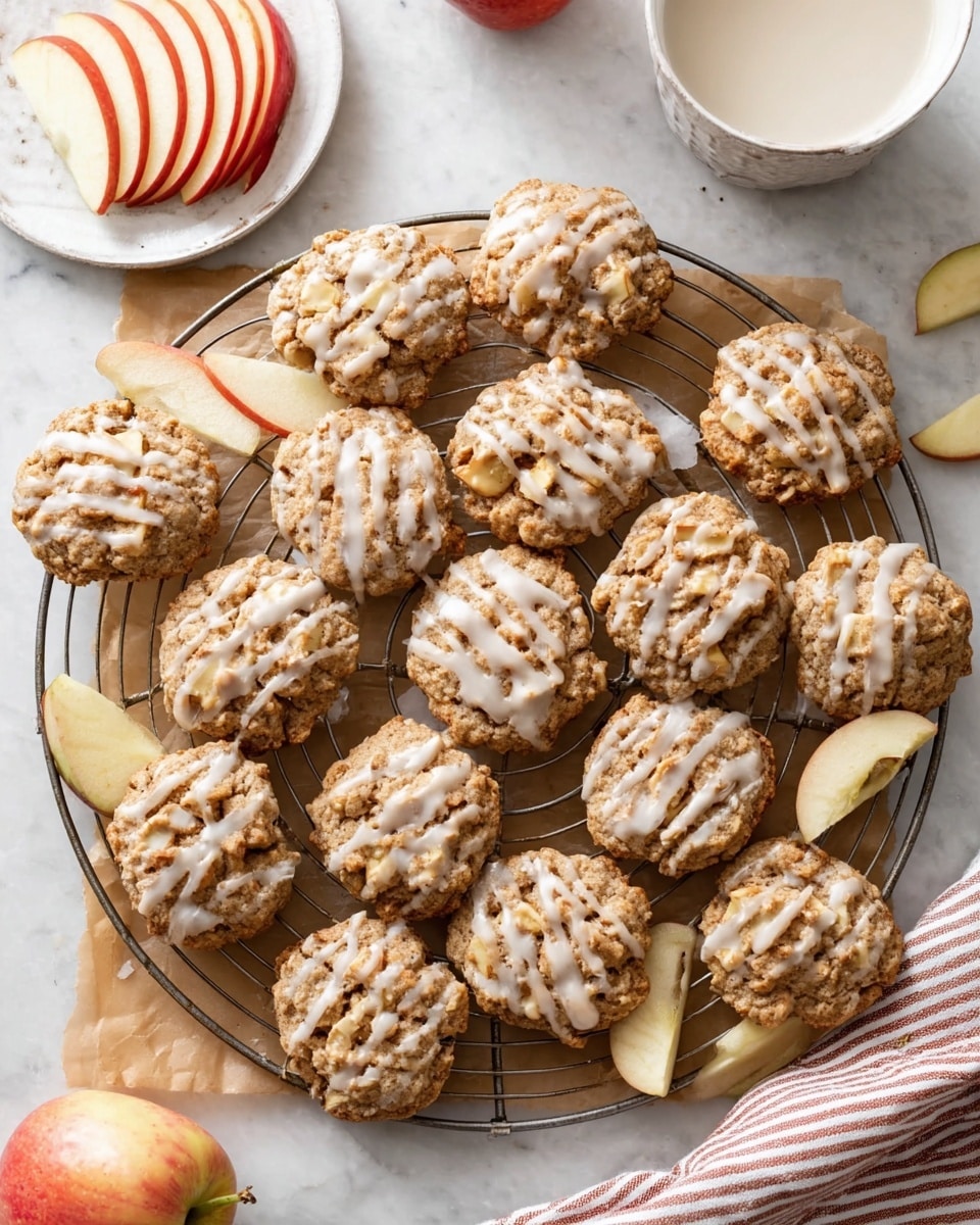 A round metal cooling rack holds about twenty small oatmeal cookies, each with visible chopped apple pieces baked inside and drizzled with white icing on top. There are a few thin apple slices placed on and around the cookies. One small white plate with a red apple slice sits near the top of the image, and a white bowl filled with milk is at the upper right corner. The cookies and items are arranged on a sheet of brown paper, and the whole scene is set on a white marbled surface with a striped cloth at the bottom right edge. photo taken with an iphone --ar 4:5 --v 7