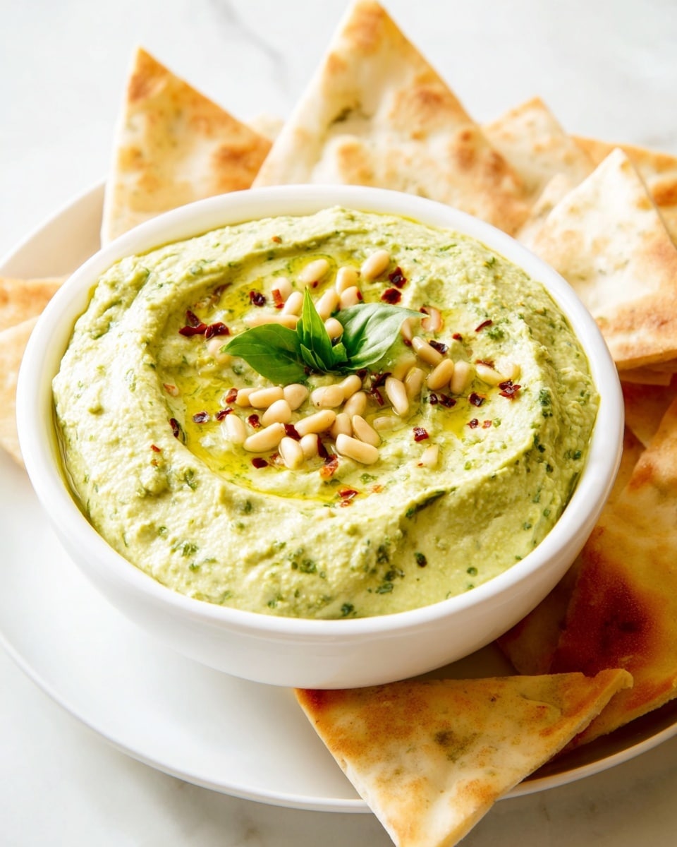 A white bowl filled with a creamy, green dip with a smooth, slightly textured surface topped with pine nuts, shredded cheese, red pepper flakes, a drizzle of olive oil, and a small basil leaf in the center. The bowl rests on a white plate surrounded by several triangular pita chips with light golden-brown spots. The background is a white marbled texture. photo taken with an iphone --ar 4:5 --v 7