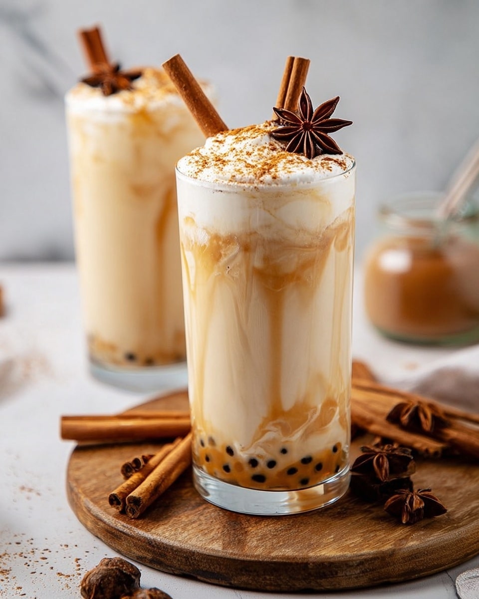The image shows two clear glass mugs filled with a creamy light brown milk tea topped with a thick layer of white frothy cream sprinkled with brown cinnamon powder. Each cup is garnished with a brown cinnamon stick standing upright and a dark brown star anise placed on the foam. The mugs sit on a rough wooden board scattered with more star anise and loose cinnamon powder, all set against a soft white marbled surface in the background. photo taken with an iphone --ar 4:5 --v 7