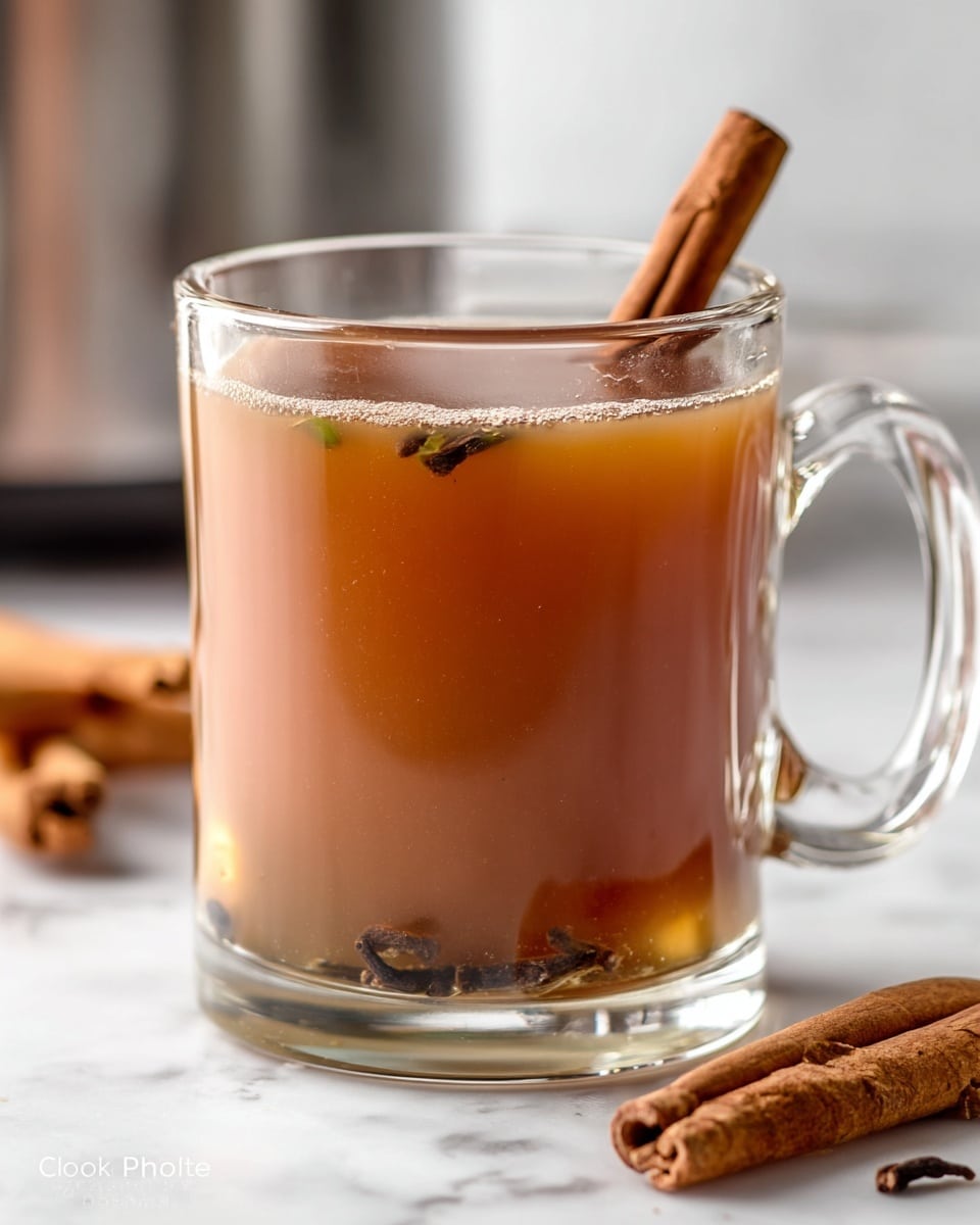 A clear glass mug filled with a warm brown liquid, showing a smooth texture. Inside the drink, a dark brown cinnamon stick is placed standing up on the right side, and some dark cloves and other spices are floating near the surface. The mug sits on a white marbled surface with three whole cinnamon sticks lying near its base. The background is blurred, focusing attention on the drink itself. Photo taken with an iphone --ar 4:5 --v 7
