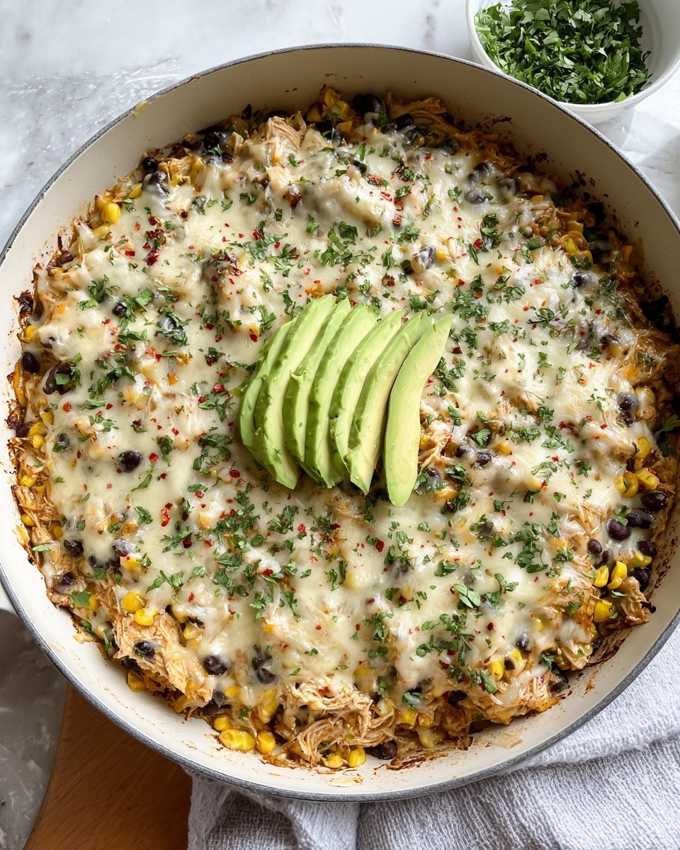 A large white skillet filled with a layered dish showing a base of shredded chicken mixed with black beans and bright yellow corn. The top layer is melted white cheese spread evenly, melted and slightly gooey, sprinkled with small green herb pieces and red chili flakes. Two fan-shaped slices of fresh light green avocado are placed on top near the middle of the skillet. The background is a white marbled surface, with a small white bowl of chopped green herbs in the top right corner and a white cloth nearby. Photo taken with an iphone --ar 4:5 --v 7