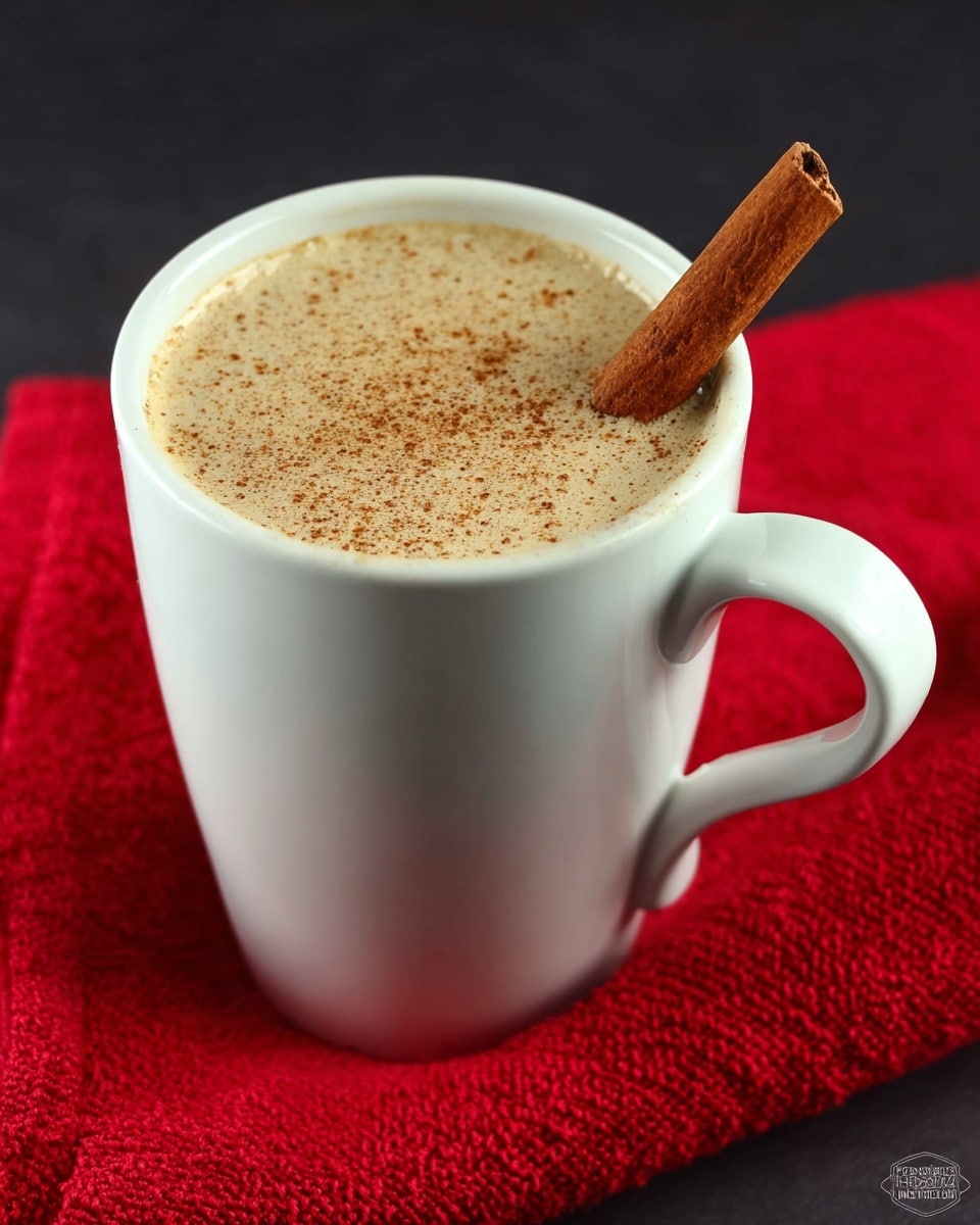 The image shows a tall white mug filled with a creamy light beige drink, sprinkled evenly with fine brown spices on the surface. A single whole cinnamon stick rests across the top edge of the mug. The mug sits on a bright red textured cloth, and the background is a plain dark color. The lighting highlights the smooth surface of the beverage and the rough texture of the cinnamon stick. photo taken with an iphone --ar 4:5 --v 7