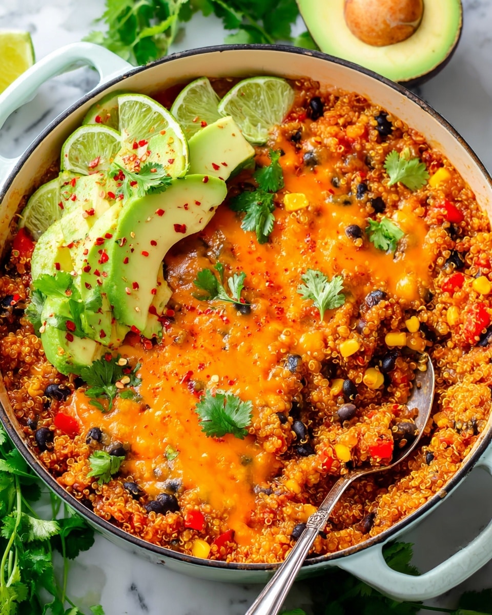 A round white ceramic baking dish filled with a three-layer quinoa casserole is shown on a white marbled surface. The bottom layer is made of cooked quinoa mixed with yellow corn, black beans, and small pieces of red bell pepper for a vibrant mix of yellow, black, and red colors with a grainy texture. The middle layer is a melted, smooth orange cheddar cheese that covers much of the quinoa base, creating a creamy, shiny surface. The top layer consists of fresh green cilantro leaves sprinkled over the cheese and quinoa, along with six lime wedges arranged around the edge, their bright green rind and pale green flesh adding a fresh and zesty touch. On the right side, thin slices of green avocado fan out over part of the casserole, adding a smooth and creamy texture. A metal spoon scoops up a portion of the casserole from the bottom left side. Sprigs of cilantro and half an avocado rest on the white marbled surface in the background. Photo taken with an iphone --ar 4:5 --v 7