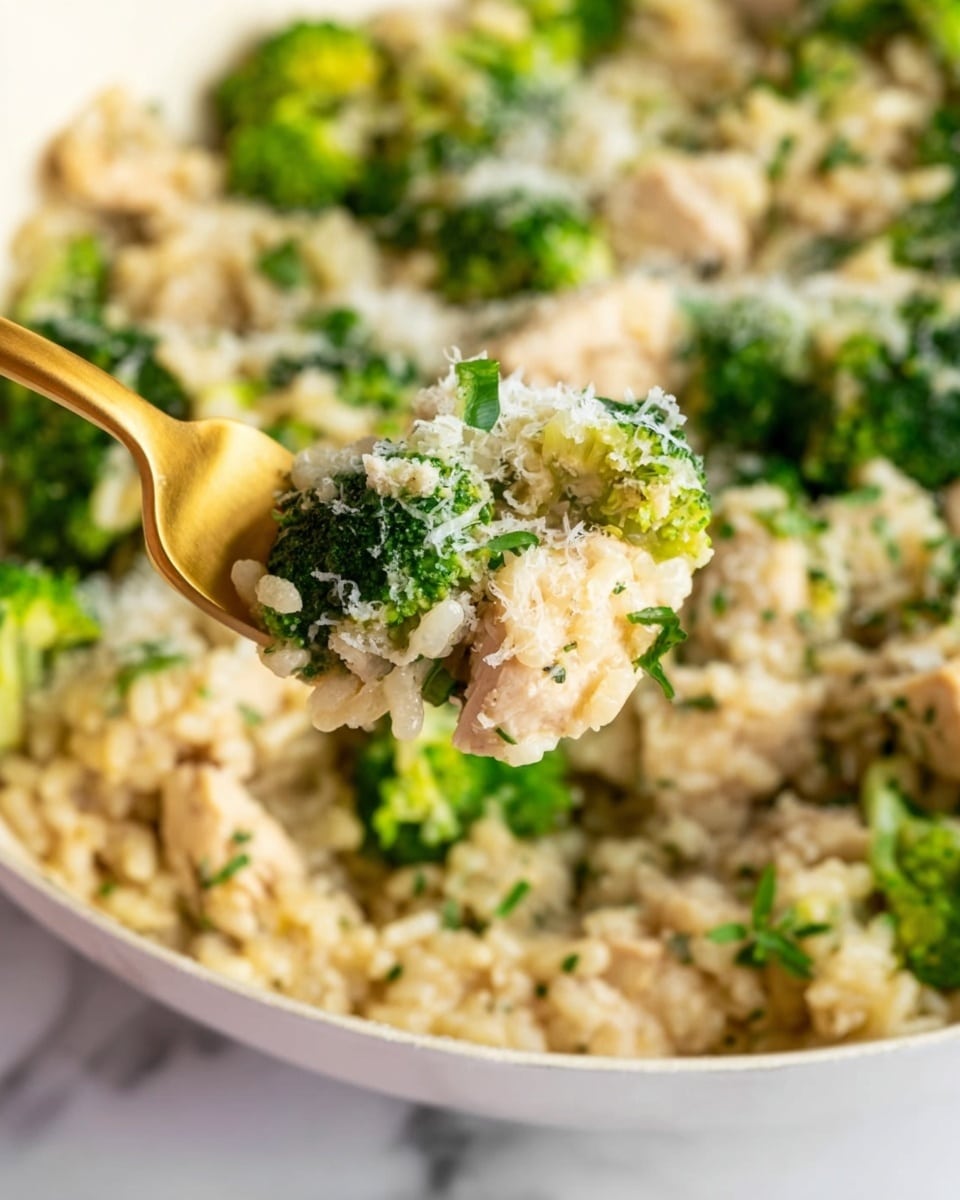 A close-up image shows a golden fork holding a bite of creamy risotto mixed with bright green broccoli florets and small pieces of light-colored chicken. The risotto is topped with grated white cheese, adding a grainy texture on top of the soft rice. In the background, the dish fills the frame with mixed green broccoli, tender chicken chunks, and sprinkled herbs, all resting on a white marbled surface. Photo taken with an iphone --ar 4:5 --v 7