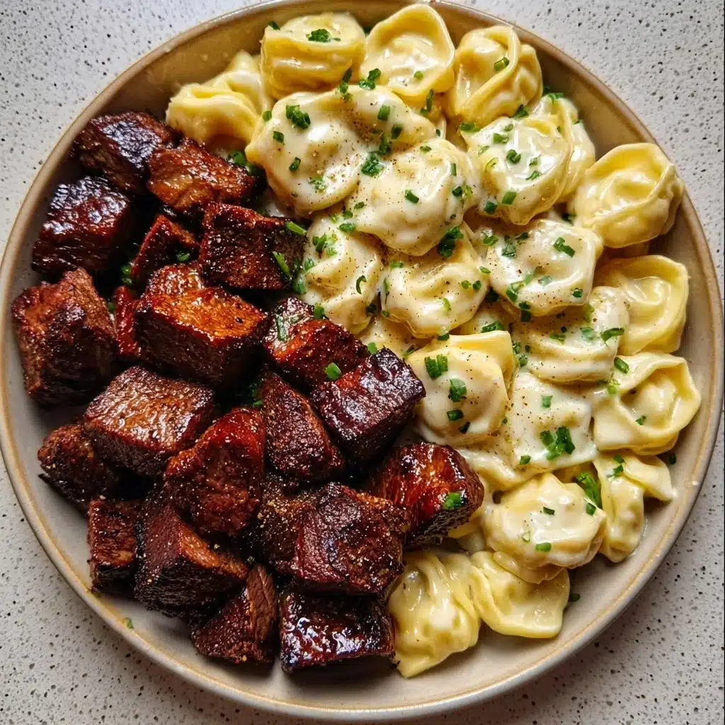 Garlic Butter Steak with Cheesy Alfredo Tortellini Recipe - Recipe Image