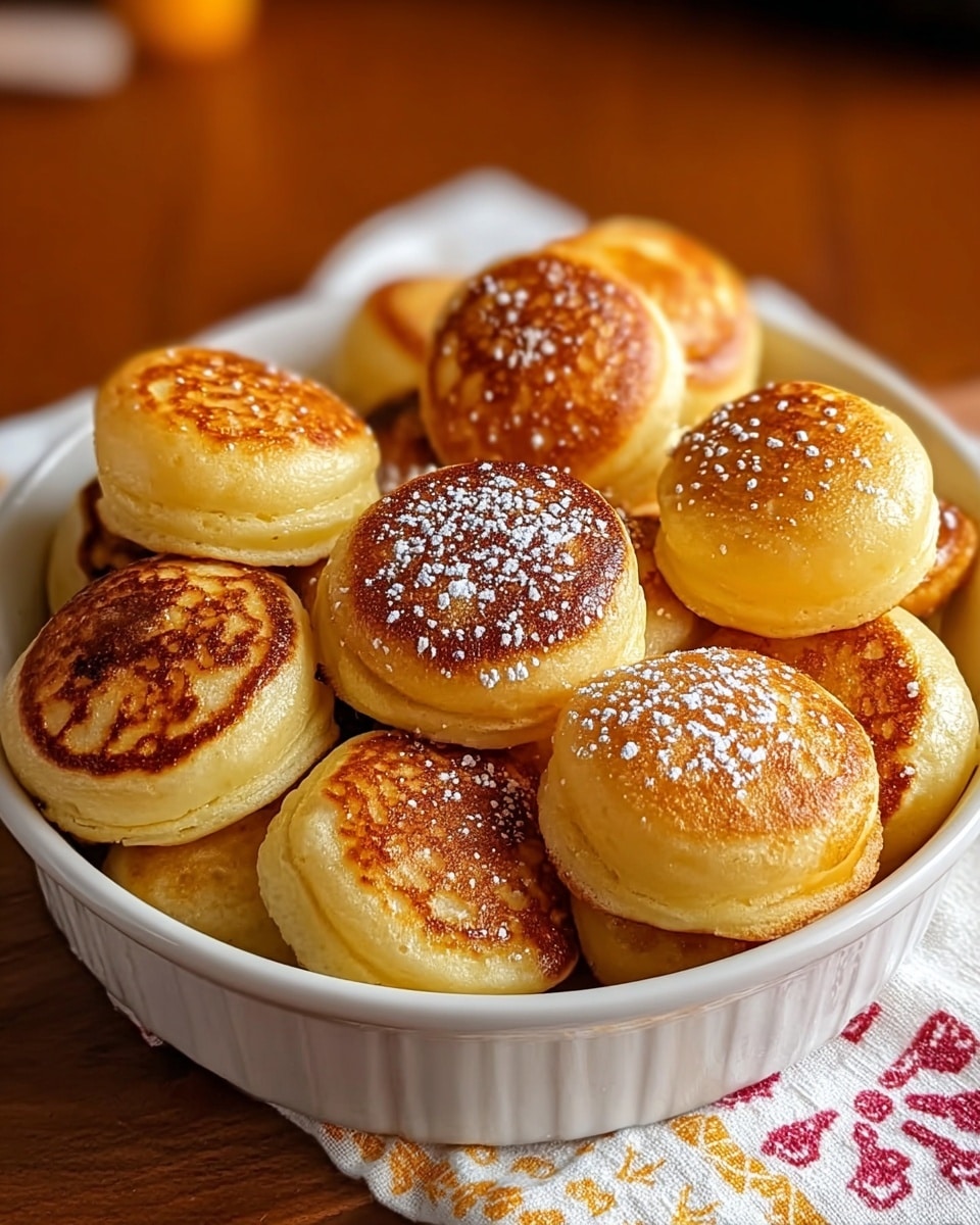 A white round ceramic dish filled with about twelve small, round golden-brown pancakes that have a soft, fluffy texture. Each pancake has a browned, slightly crispy top layer with some darker spots, and light yellow sides with a few tiny air holes. A few pancakes on the top have a light dusting of powdered sugar sprinkled unevenly. The dish is set on a wooden surface with a white cloth featuring red and yellow patterns partially visible under the dish. The background shows blurred warm tones, suggesting a cozy setting. photo taken with an iphone --ar 4:5 --v 7