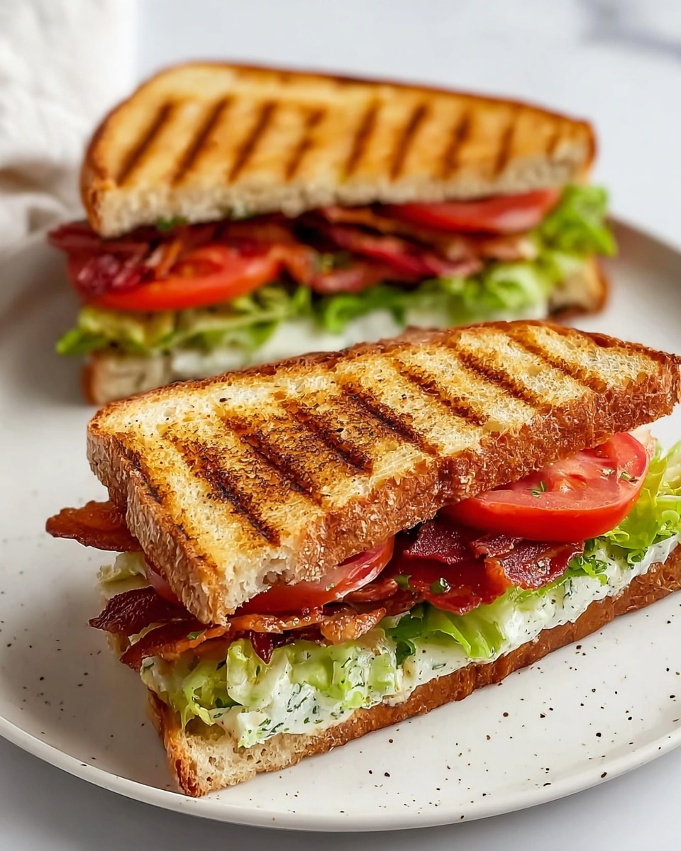 Two halves of a toasted sandwich are placed on a white plate with small black specks, set on a white marbled surface. Each half has two slices of bread that are golden brown with clear grill marks on top. Inside, the sandwich layers include fresh green lettuce at the bottom, followed by crispy reddish-brown bacon strips, bright red tomato slices, and a creamy white cheese layer that has soft green specks, likely herbs. The sandwich looks warm, crispy, and fresh, with the melted cheese slightly oozing between the layers. Photo taken with an iphone --ar 4:5 --v 7